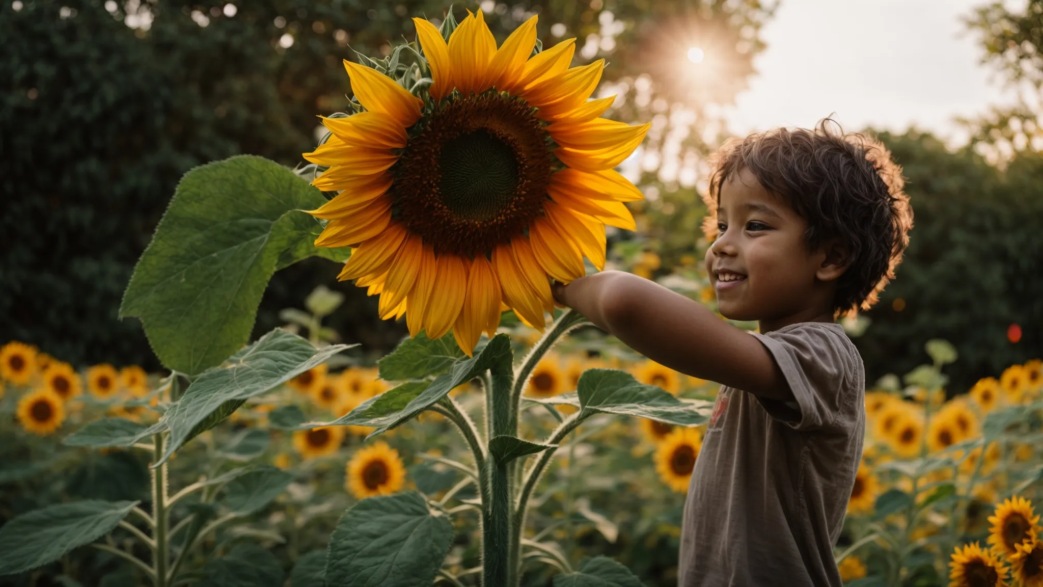 a child beams with pride holding a towering sunflower in a lush garden, embodying the blooming confidence nurtured through positive reinforcement.