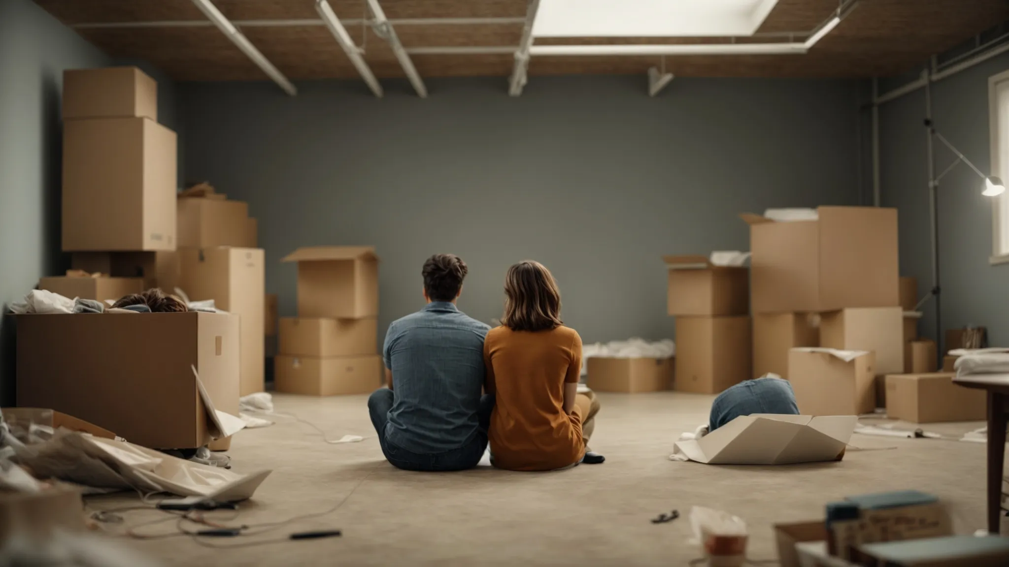 Create an image depicting a couple sitting on opposite ends of a spacious, well-lit room, surrounded by moving boxes and furniture in disarray. Their tense expressions and body language convey the emotional strain of divorce proceedings.