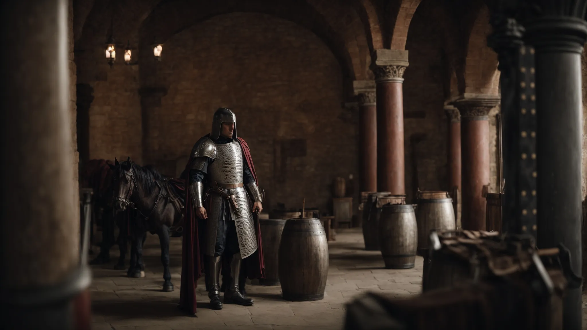 a knight comparing different steeds in an ancient armory, symbolizing a choice among various battery backups.