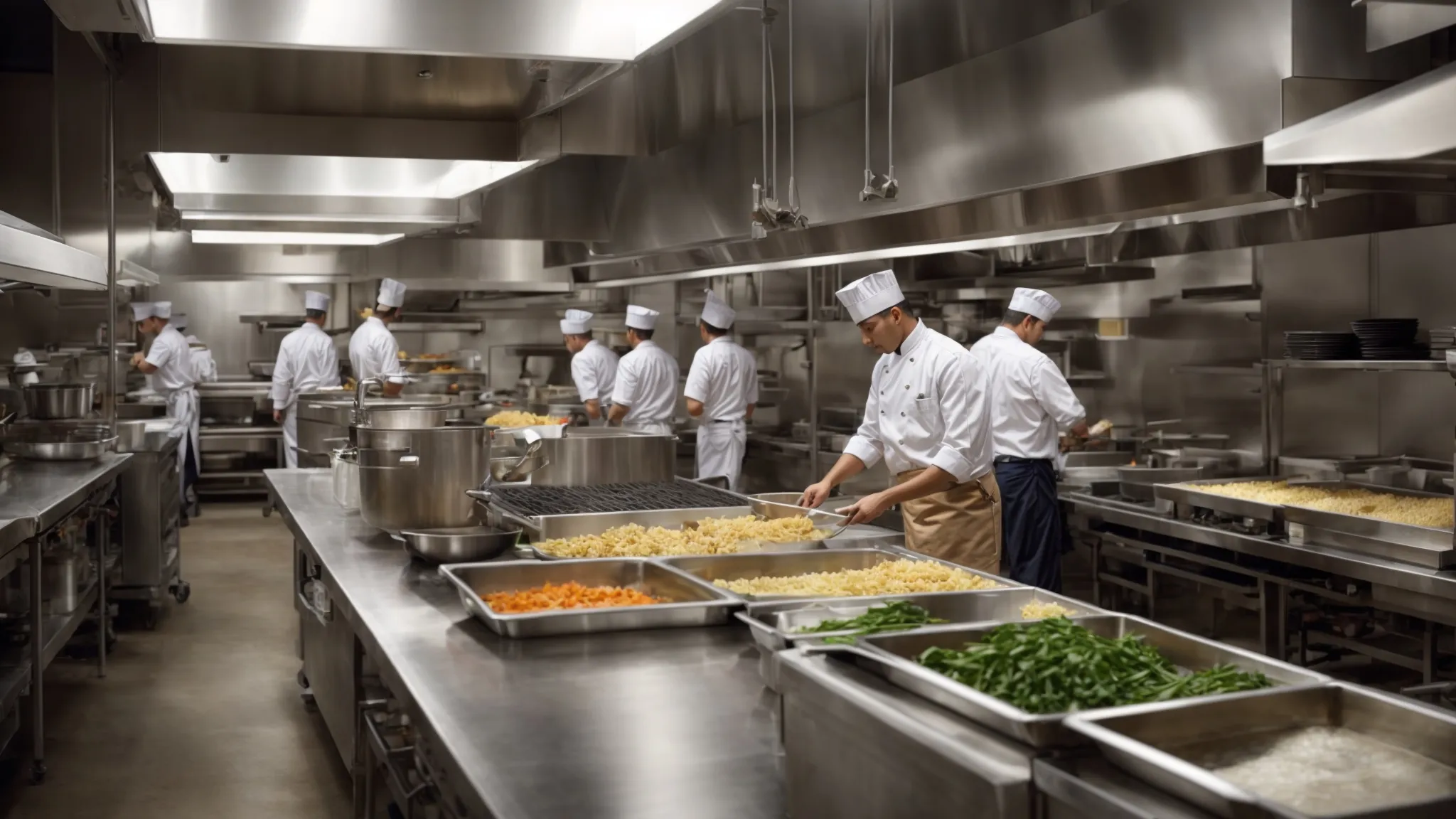 a bustling commercial kitchen shines with cleanliness and efficiency under bright lights.