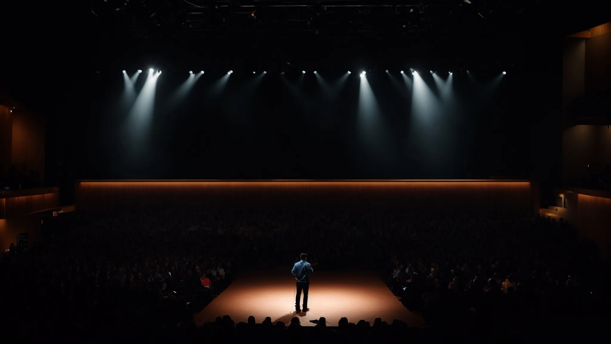 a speaker on stage under a spotlight, engaging an attentive audience in a vast auditorium.