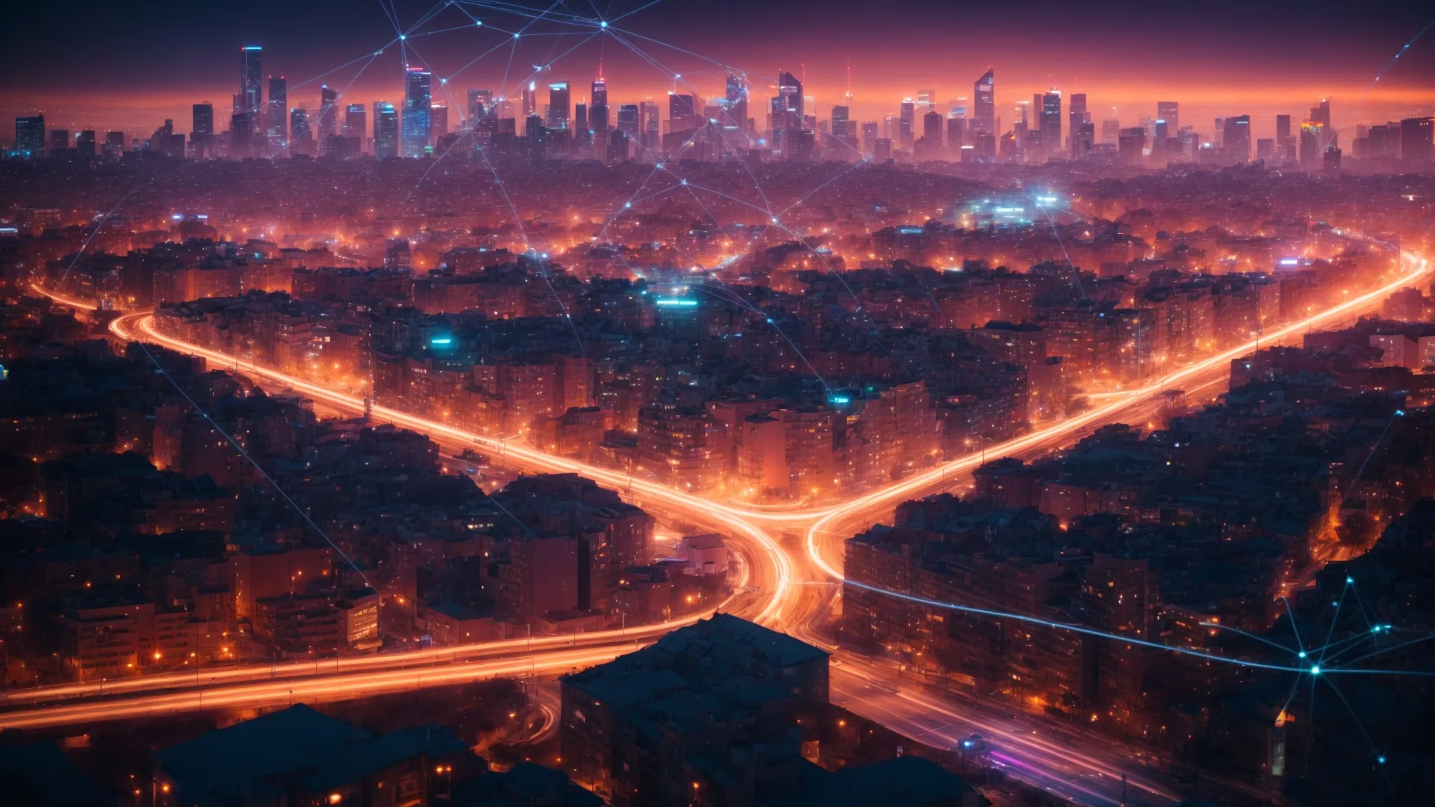 a futuristic cityscape with interconnected networks representing a web of data, under a vibrant dawn sky symbolizing the evolution of wordpress in the digital world.