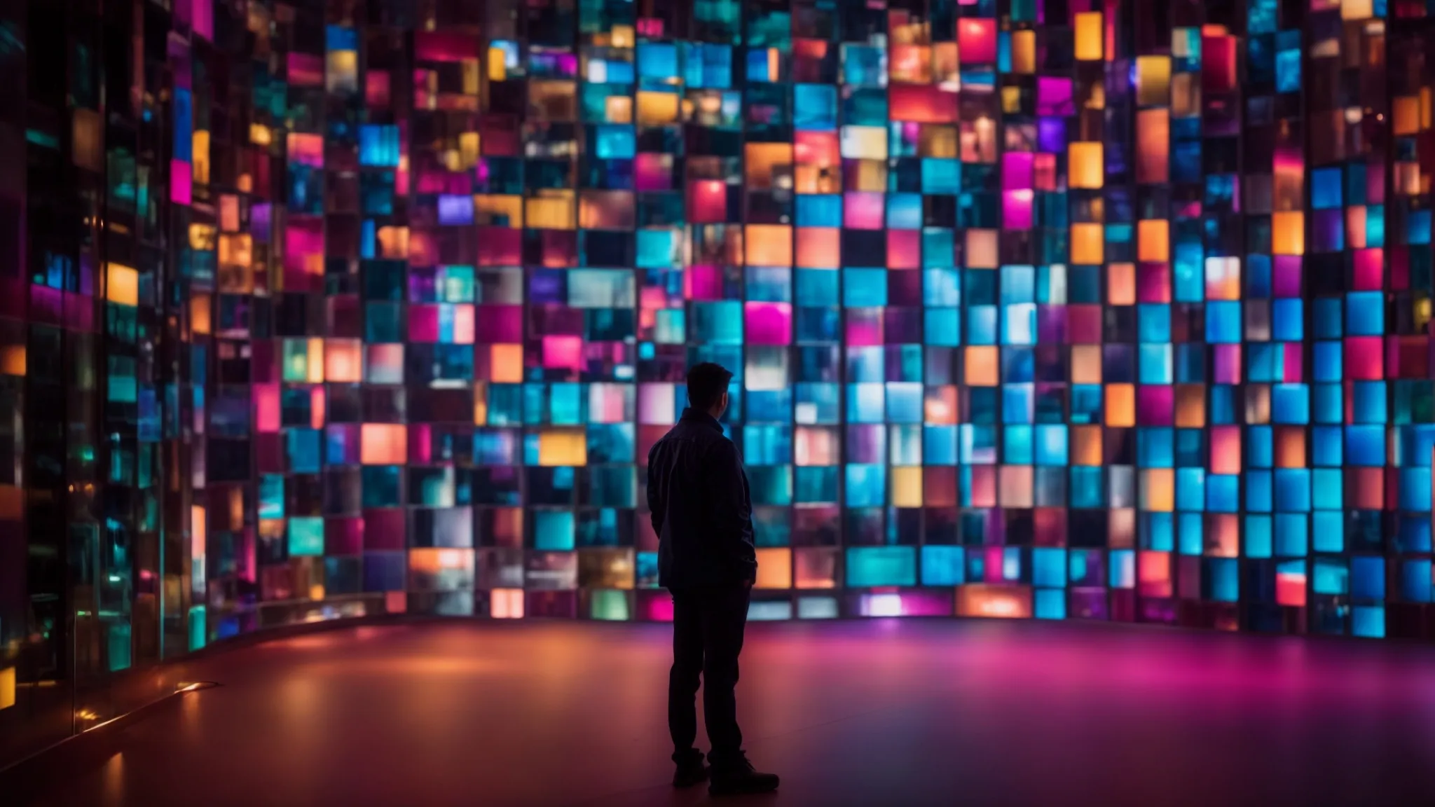 a person scrutinizing the vivid colors of a large, illuminated led screen in a dimly lit room.