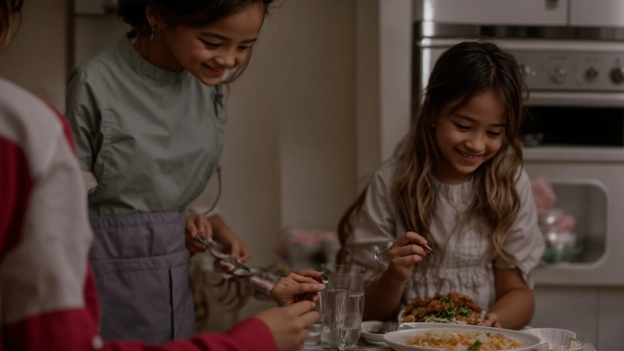 a child grinning with pride as they serve a plate of freshly cooked food to an encouraging adult.