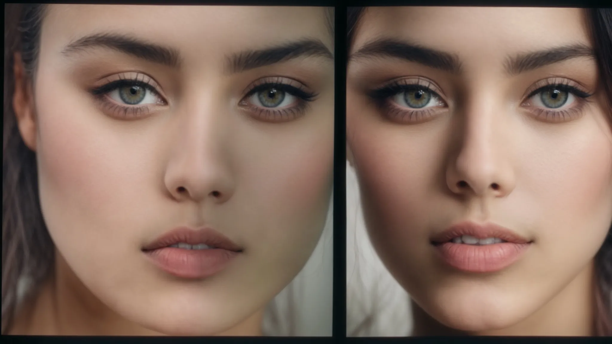 a slideshow transitions from a face with noticeable skin discoloration to the same face showcasing a clear, even complexion.