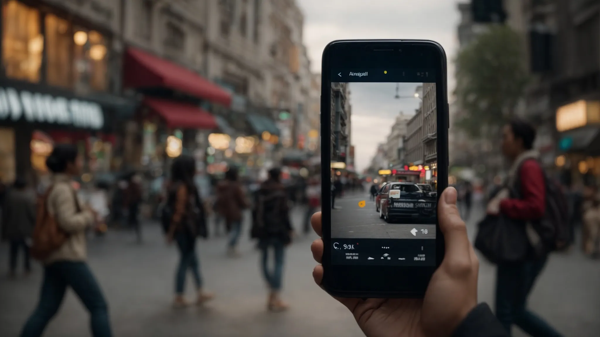 a smartphone displaying a captivating video advertisement to an intrigued viewer in a bustling cityscape.