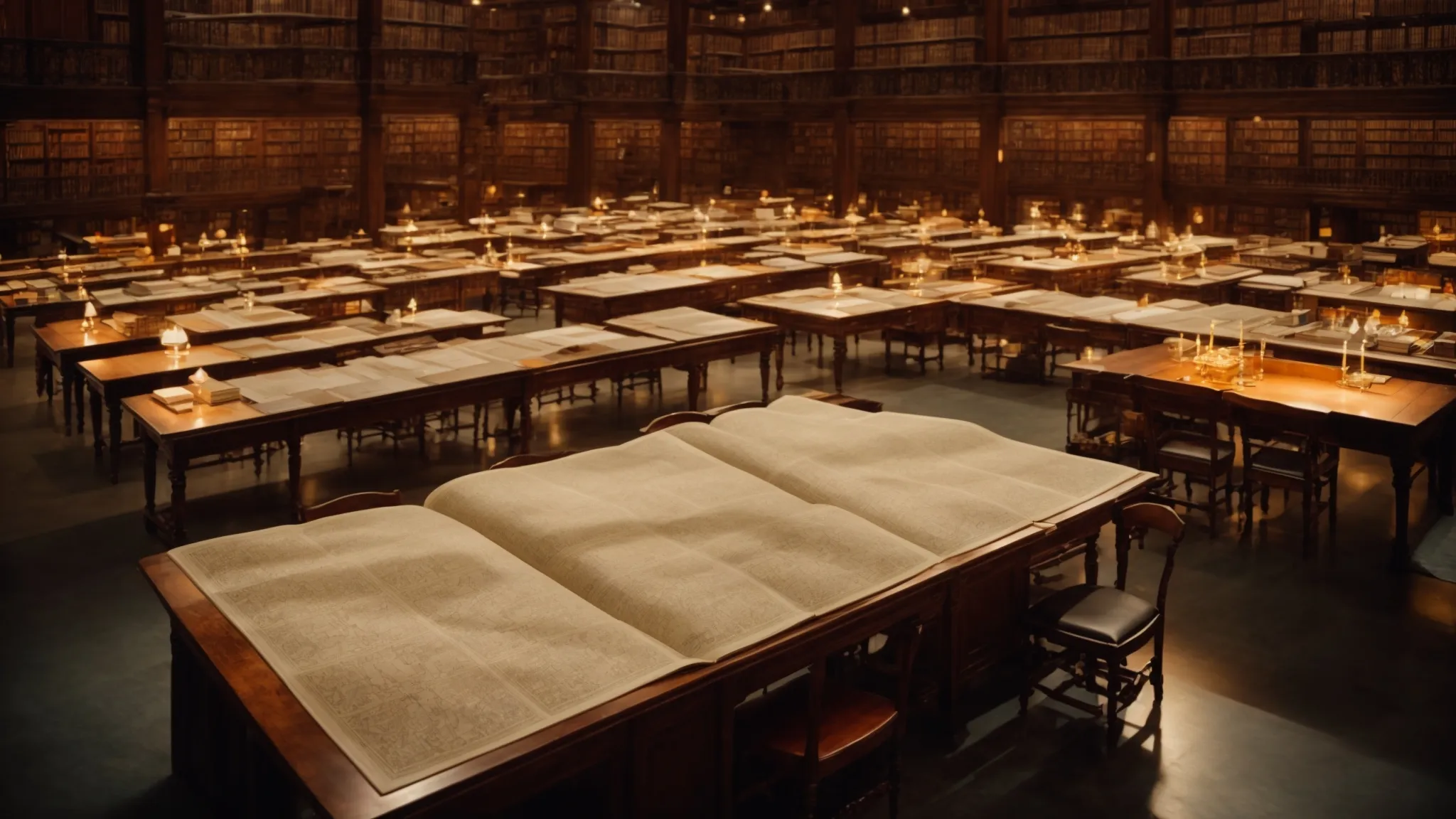 a vast library with intricate maps and ancient manuscripts spread out on a large table, illuminated by a soft light.