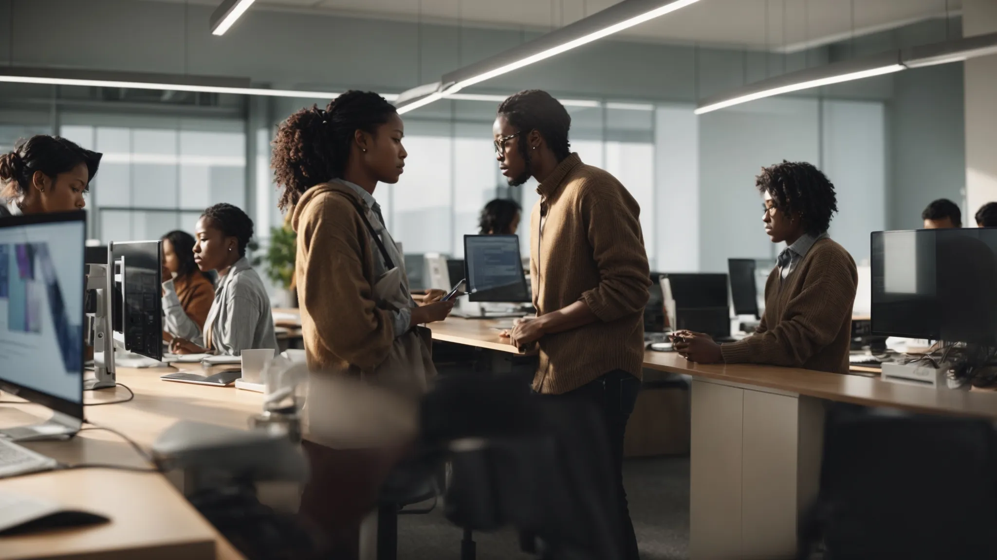 a group of people using computers in a brightly lit office, visibly engaged in discussion and collaboration over digital platforms.