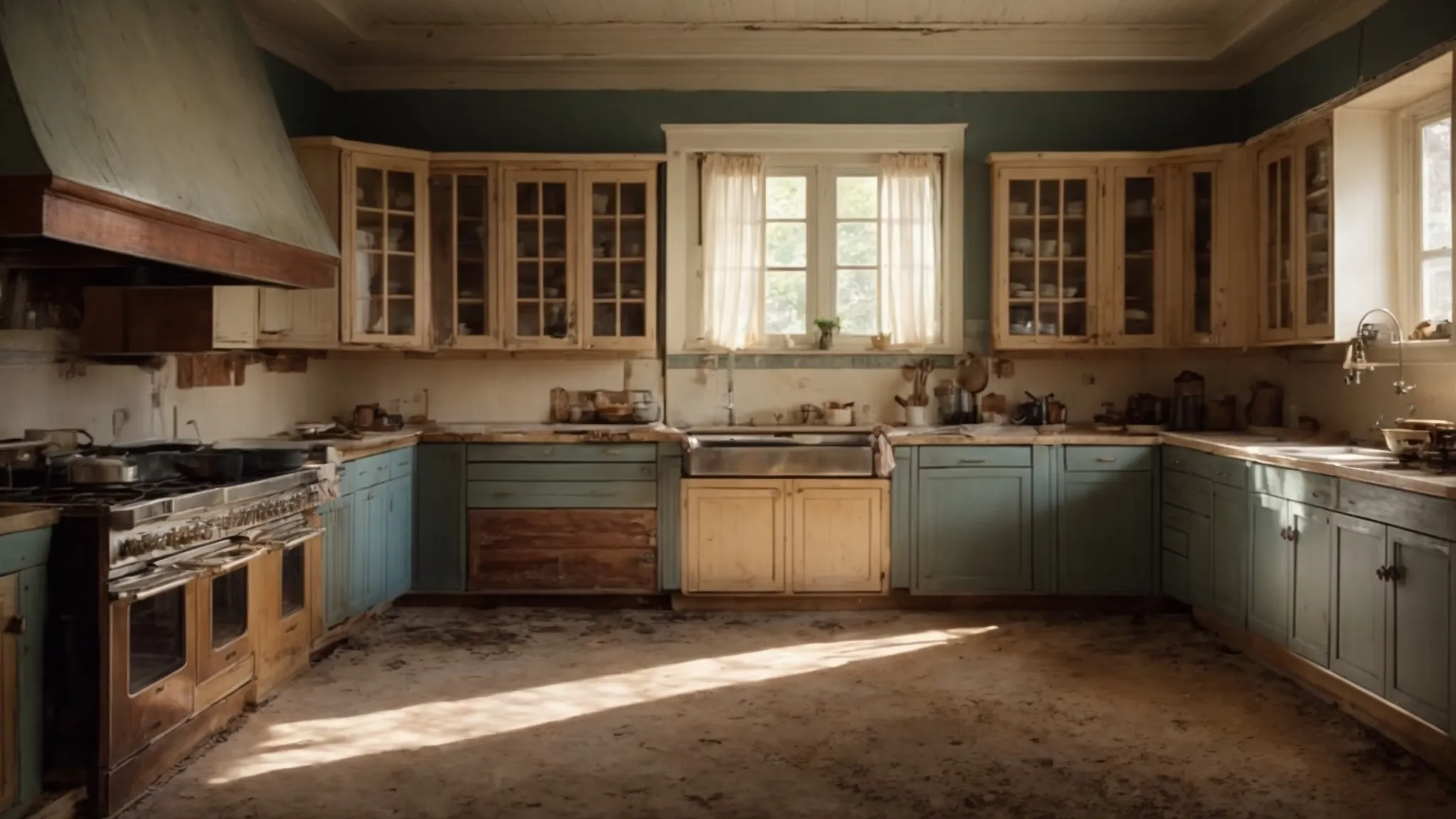 a wide-angle view of an empty, outdated kitchen awaiting renovation, with visible aged cabinetry and appliances.