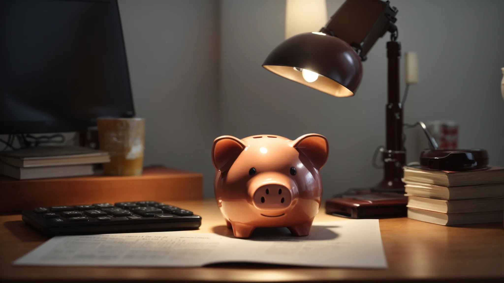 a piggy bank sits prominently on a desk, surrounded by financial charts and a calculator, under the soft light of a desk lamp.