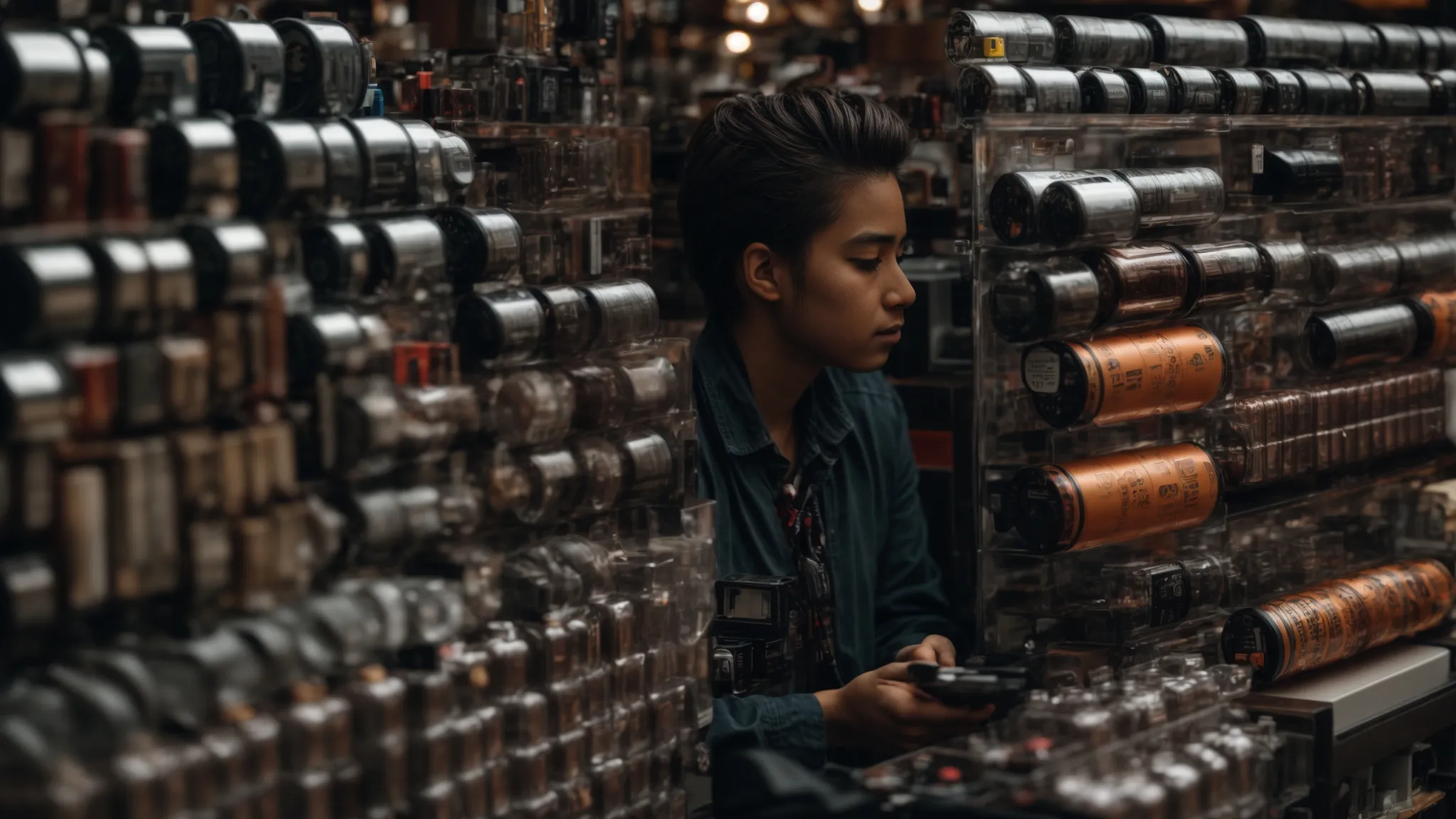 a focused individual amidst an array of various-sized batteries, intently comparing them for a diy power backup project.