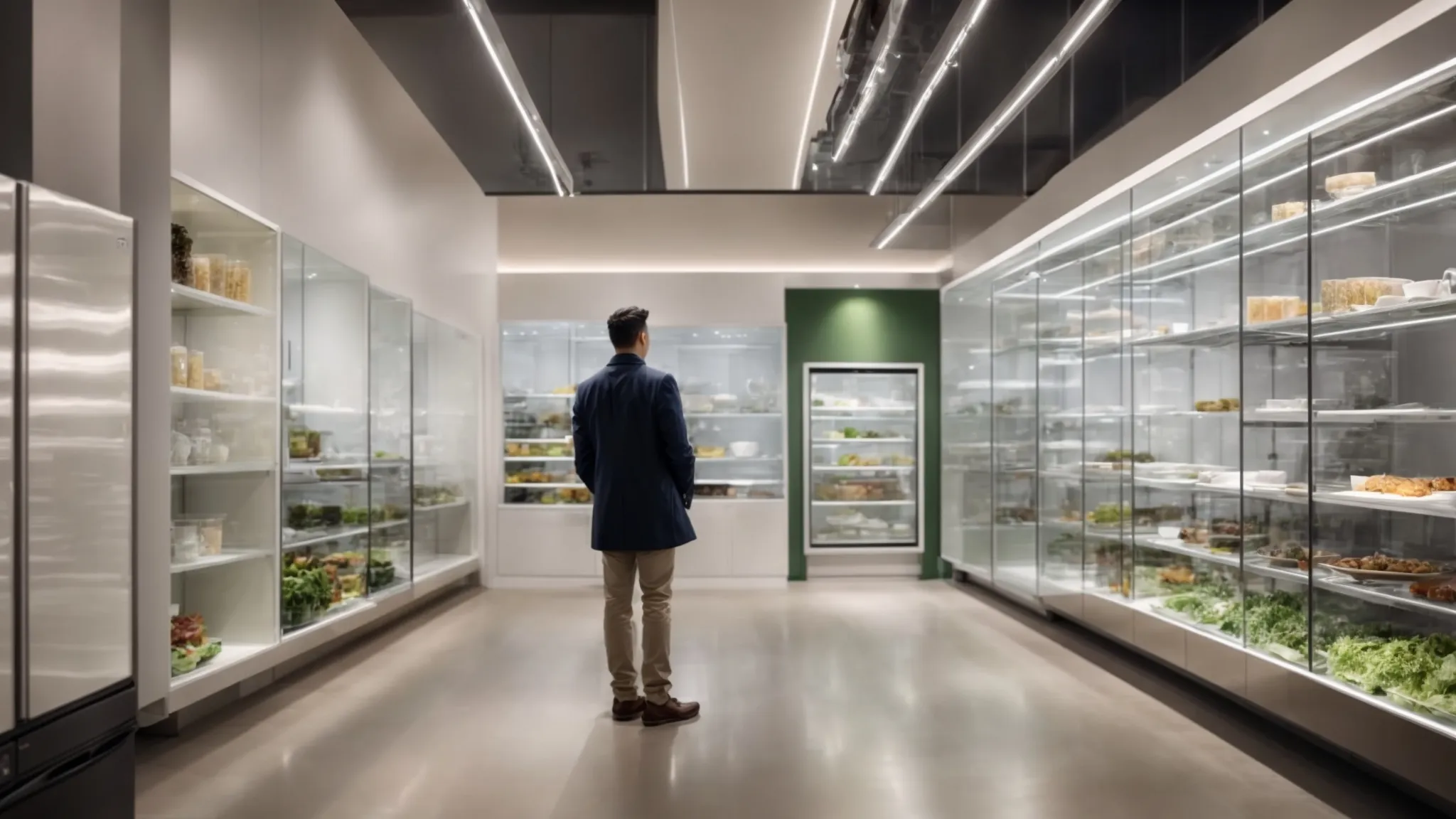 a person thoughtfully examines a display of eco-friendly kitchen countertops and energy-efficient refrigerators in a spacious showroom.