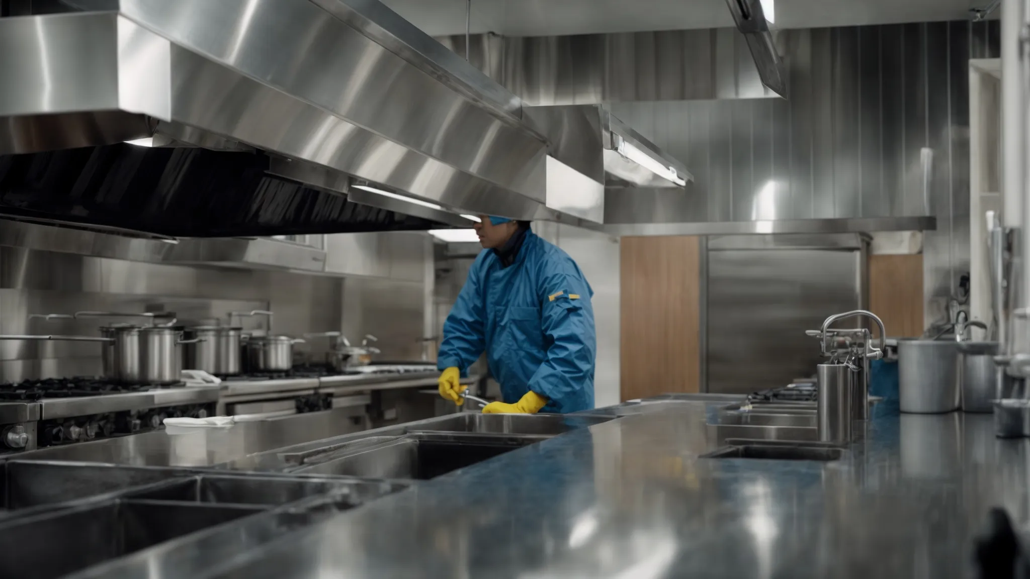 a professional cleaning crew deep-cleans a commercial kitchen, focusing on the hood and exhaust system.