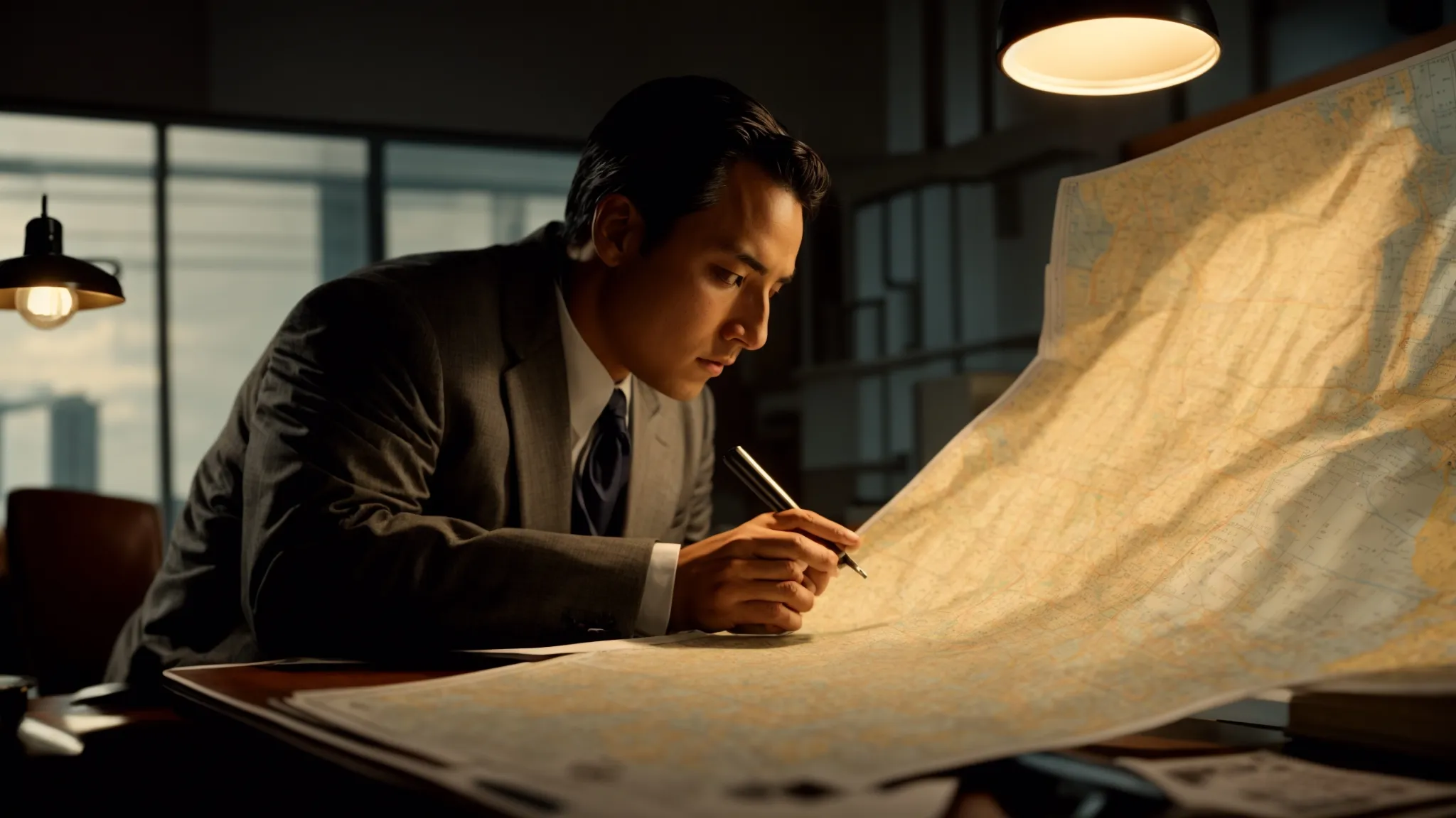a keen-eyed detective poring over a map filled with various strategic markers and paths under the glow of a desk lamp.