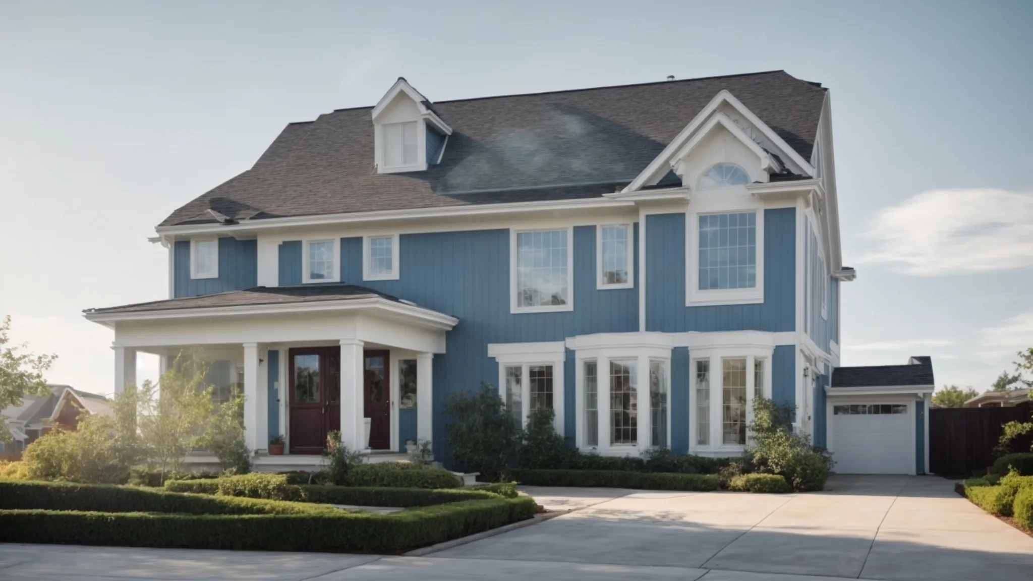 a sparkling clean house exterior with a clear blue sky in the background, demonstrating the effectiveness of professional pressure washing.