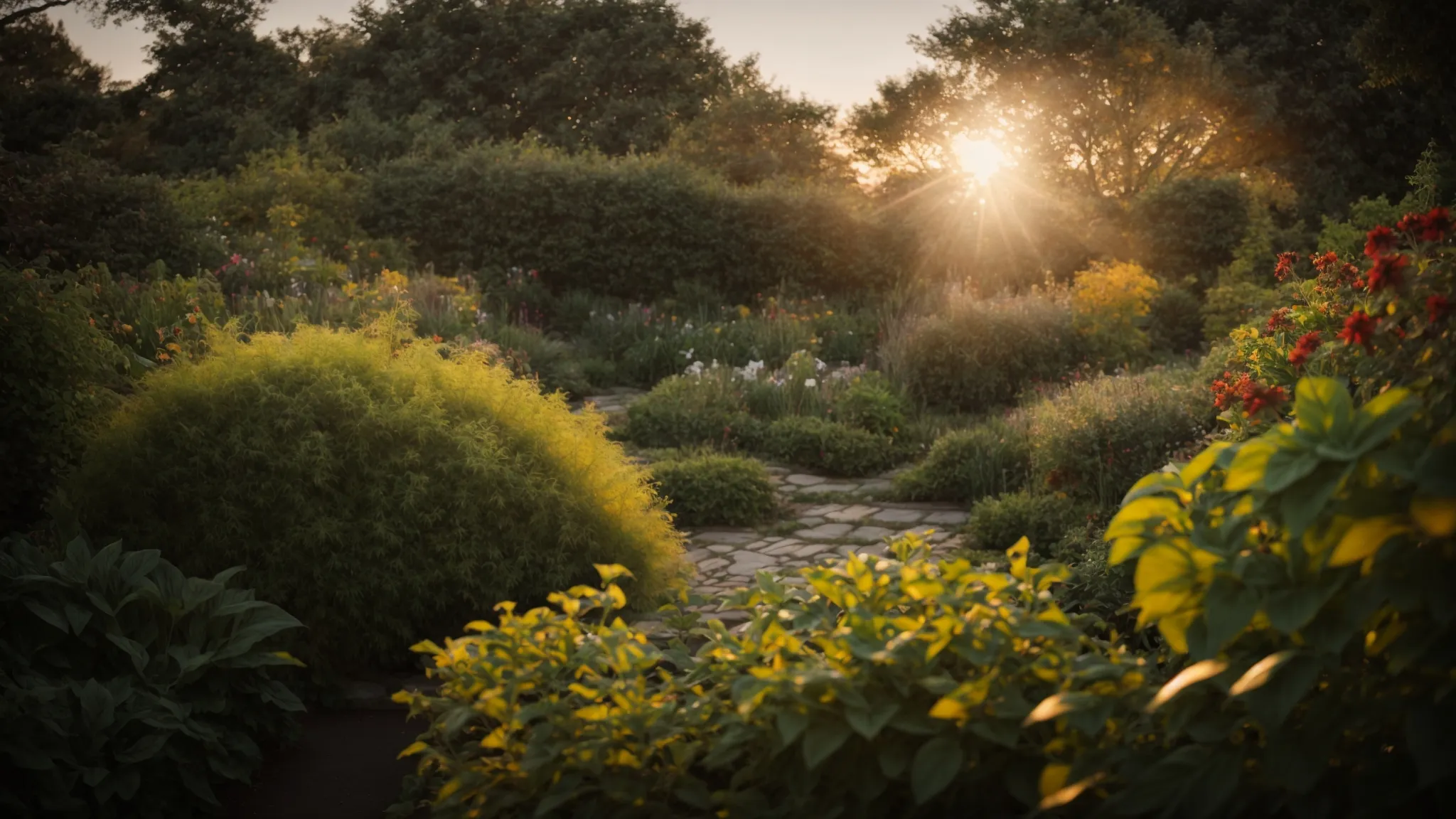 a sunrise illuminating a serene garden, indicating a new beginning and growth.