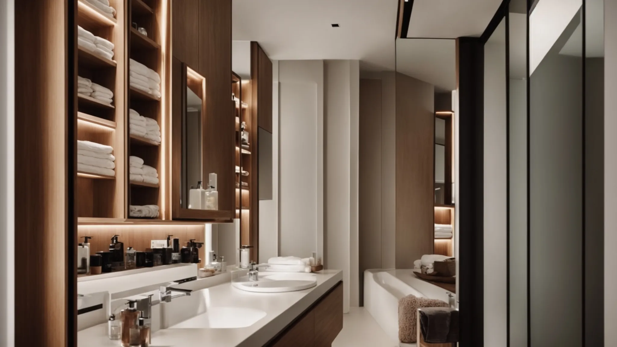 a compact bathroom with tall, narrow shelving and mirrors positioned to amplify light and space.