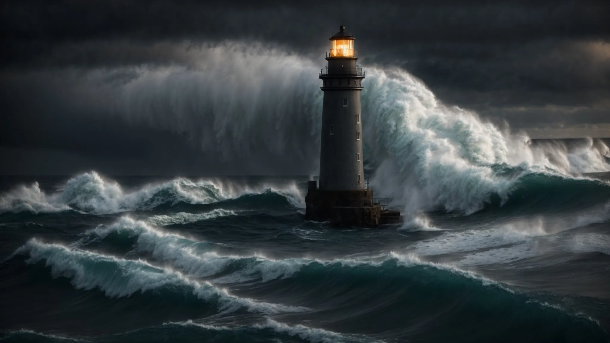 a lighthouse illuminating a path through dark, stormy seas for distant ships.