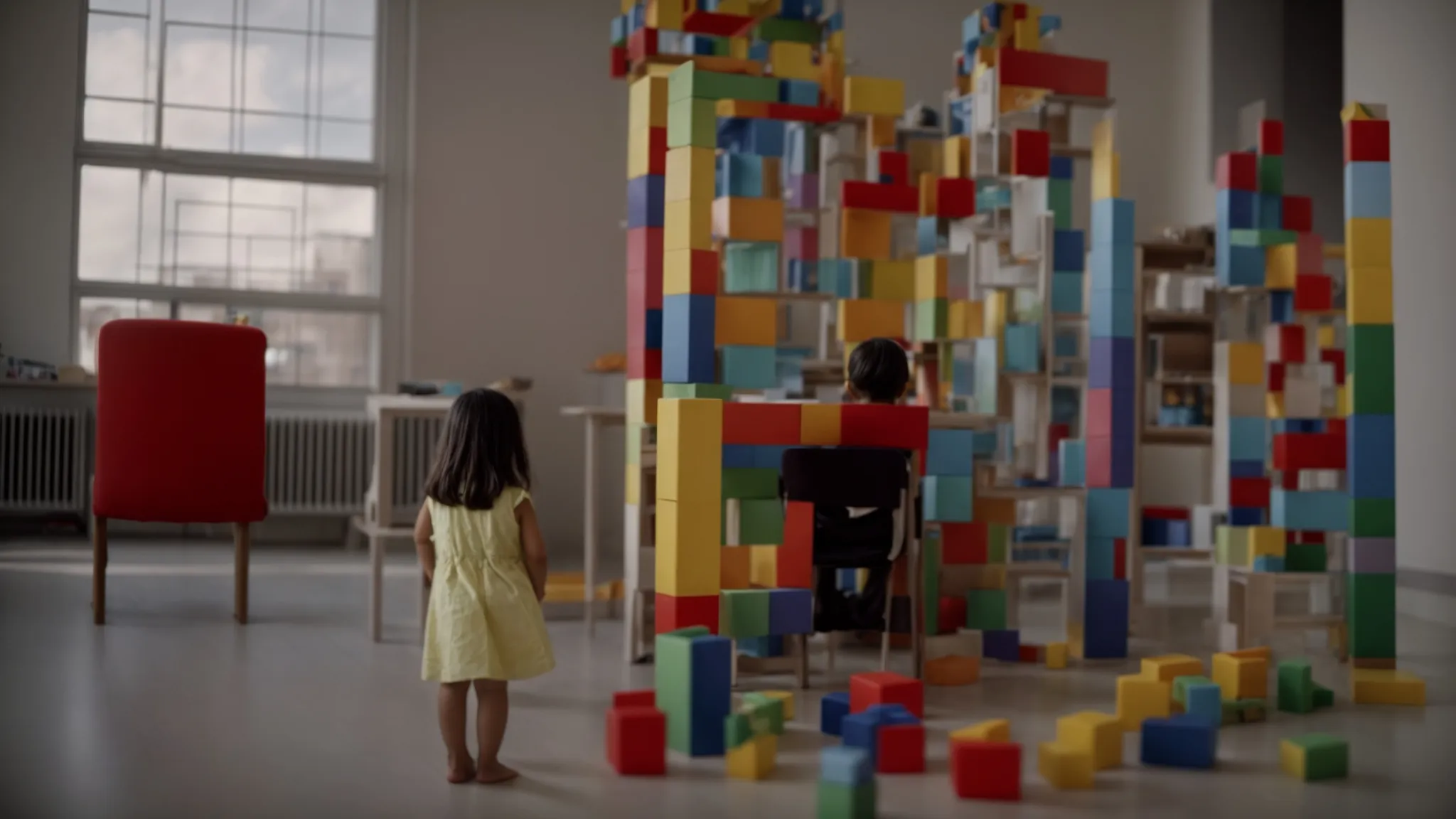 a child proudly stands beside a completed tower of colorful blocks under the encouraging gaze of a teacher.