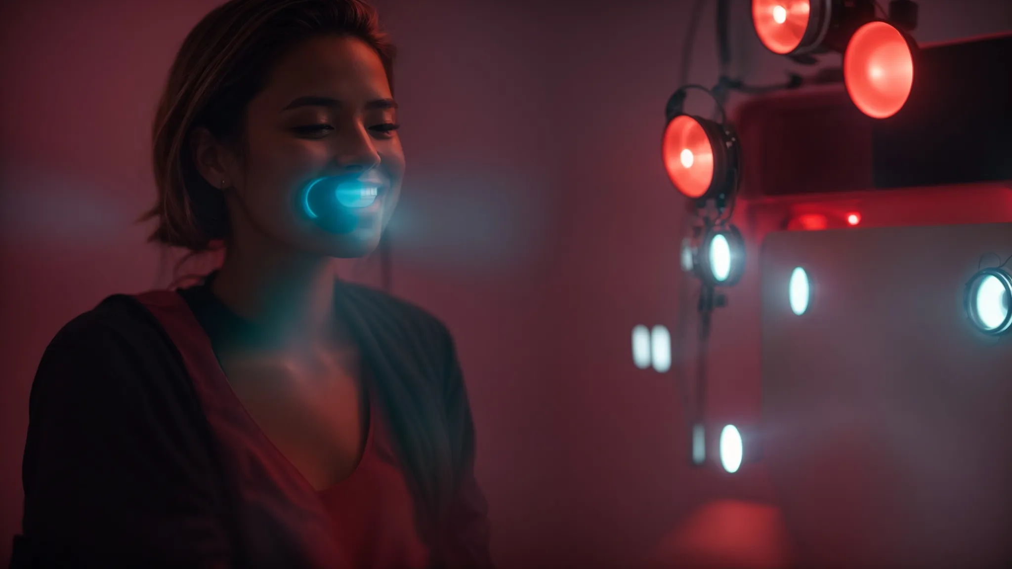 a person smiles before a red light therapy device, radiating optimism for clearer skin.