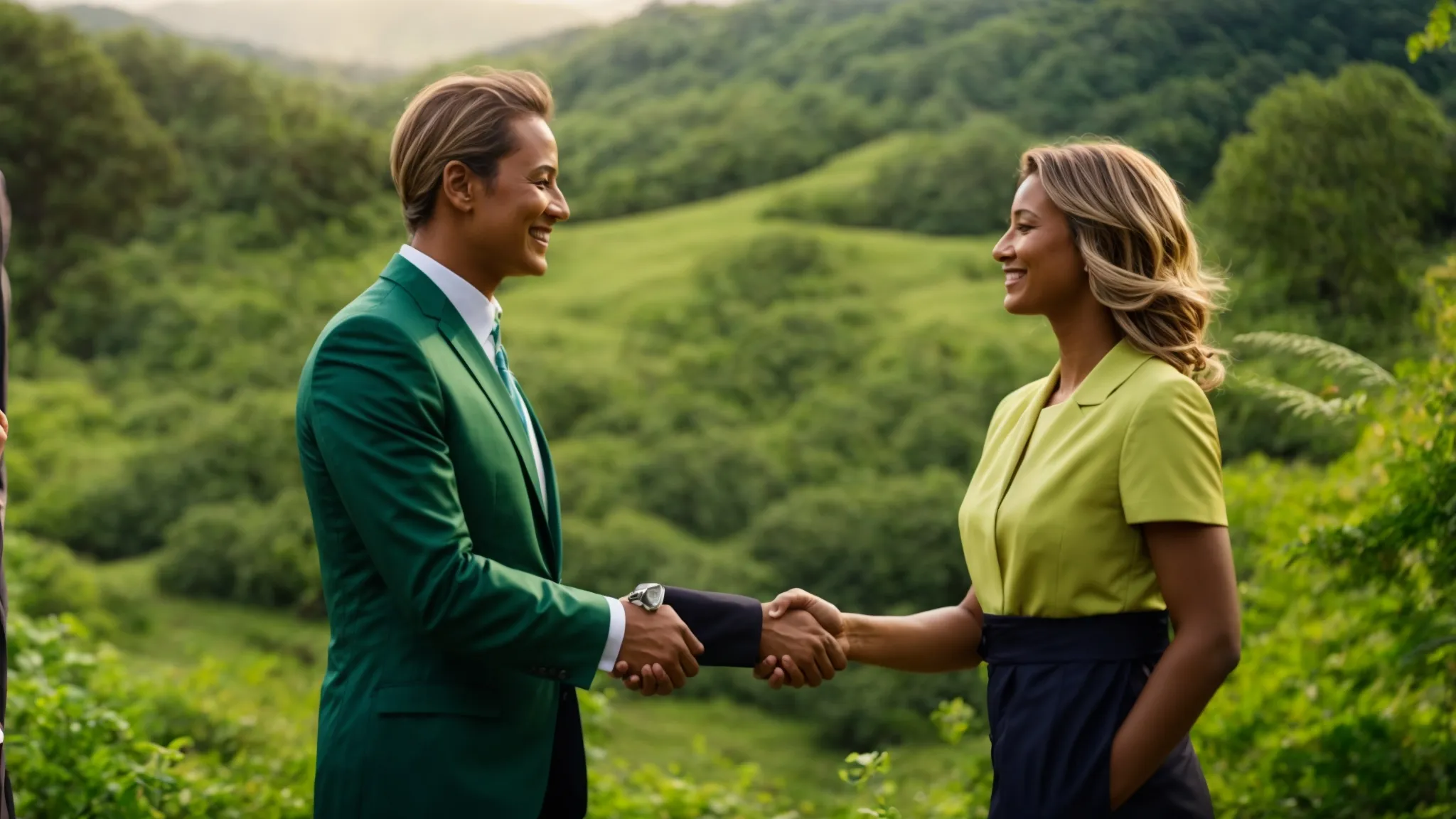 two business leaders shaking hands in front of a vibrant, flourishing green landscape, symbolizing a partnership for sustainability.
