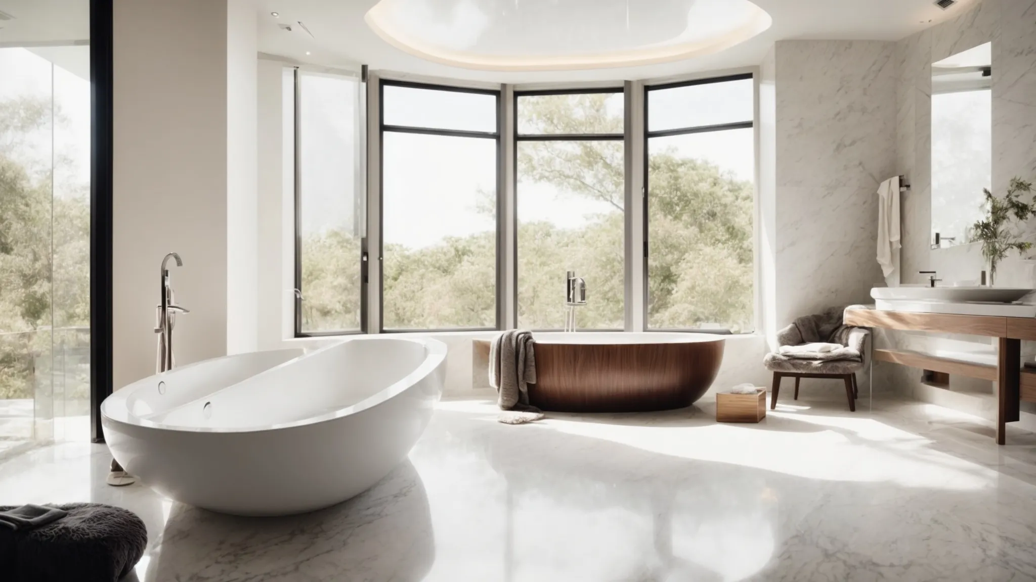 a sleek, free-standing marble bathtub sits elegantly in a spacious, minimalist bathroom, radiating luxury and style.