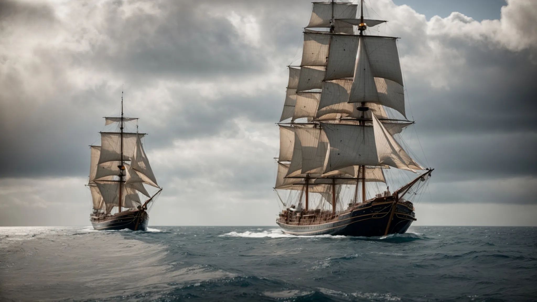 two majestic sailing ships, symbols of cooperation and exploration, advance together through calm, open waters towards a distant, promising shore.