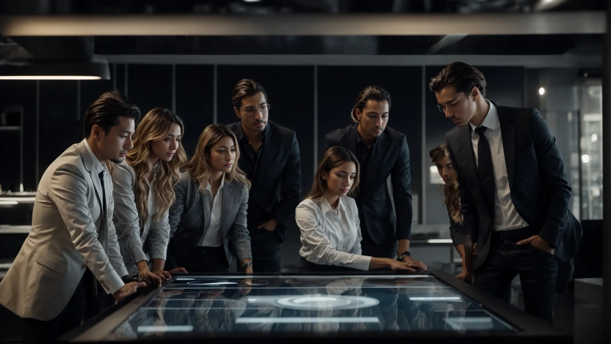 a team of professionals gathers around a large, sleek touchscreen table, collaboratively strategizing over a digital interface.