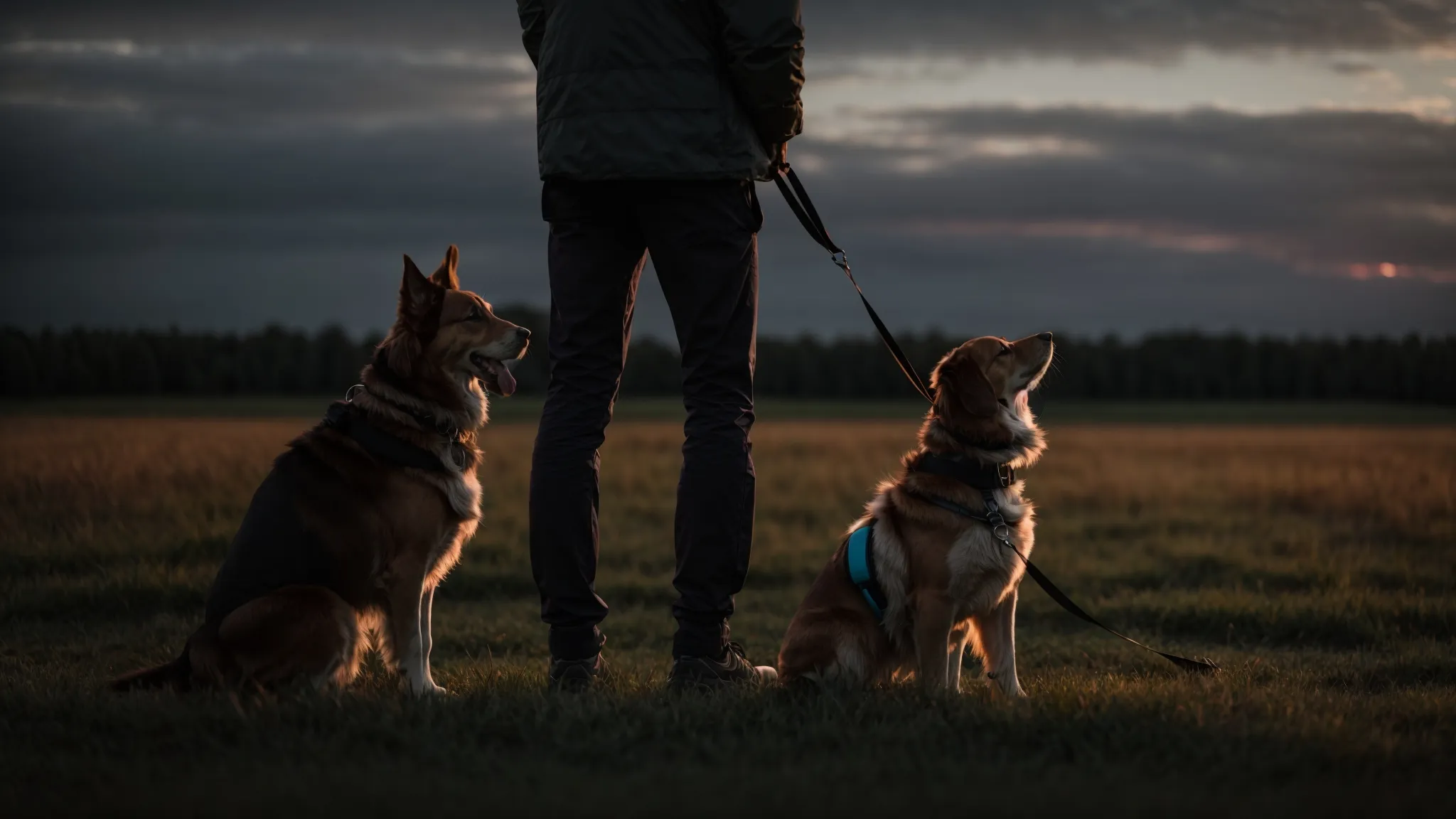 a trainer stands in an open field at dusk, attaching a reflective leash to a focused dog poised for training.