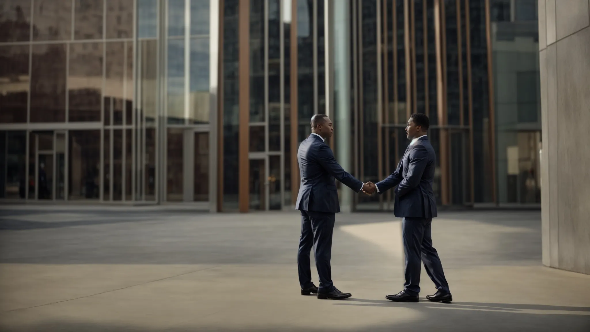 two business professionals shaking hands in front of a corporate building, symbolizing agreement.