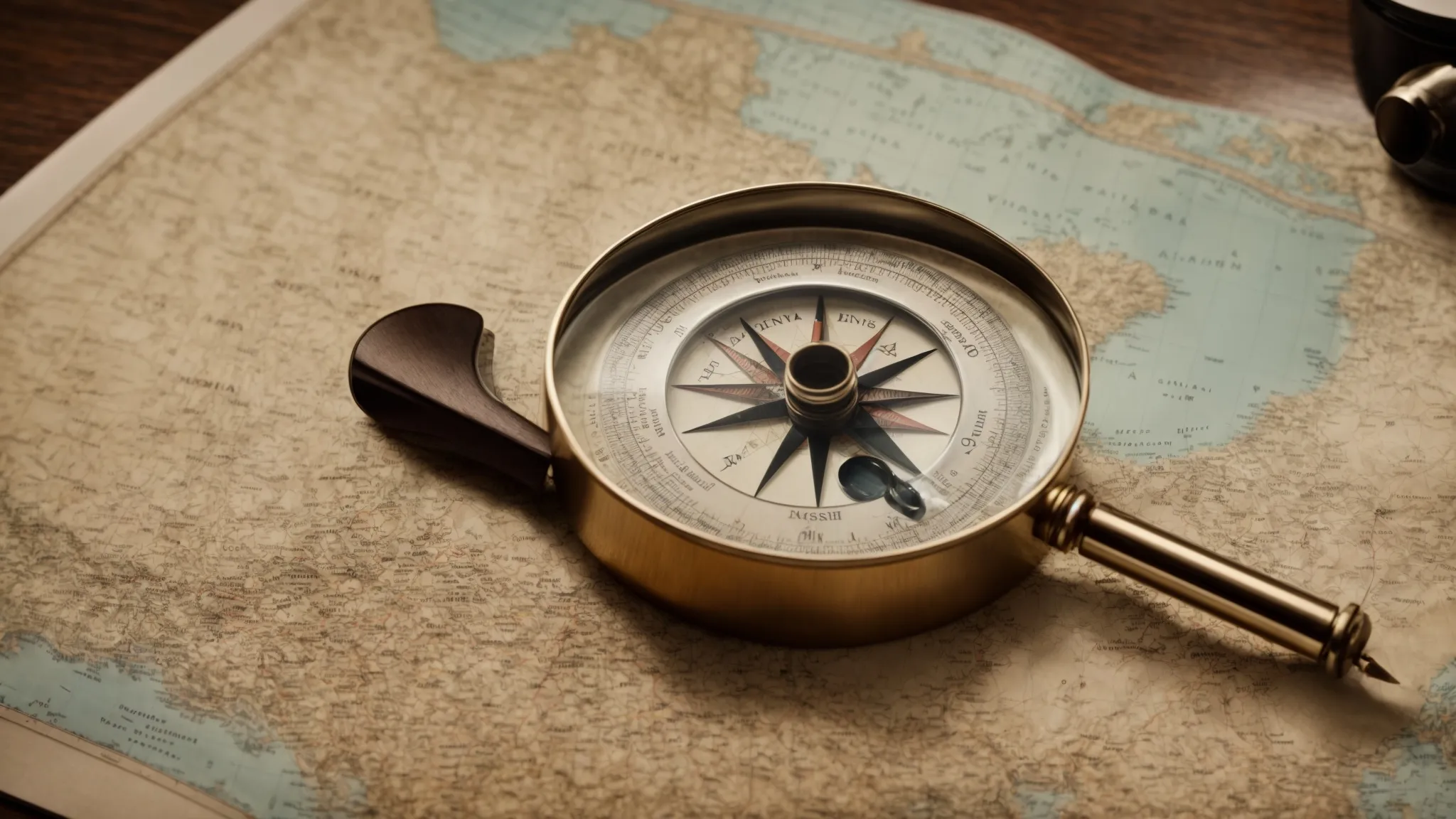 a compass, map, and magnifying glass resting on a desk, symbolizing navigation through the evolving landscape of ethical seo strategies.