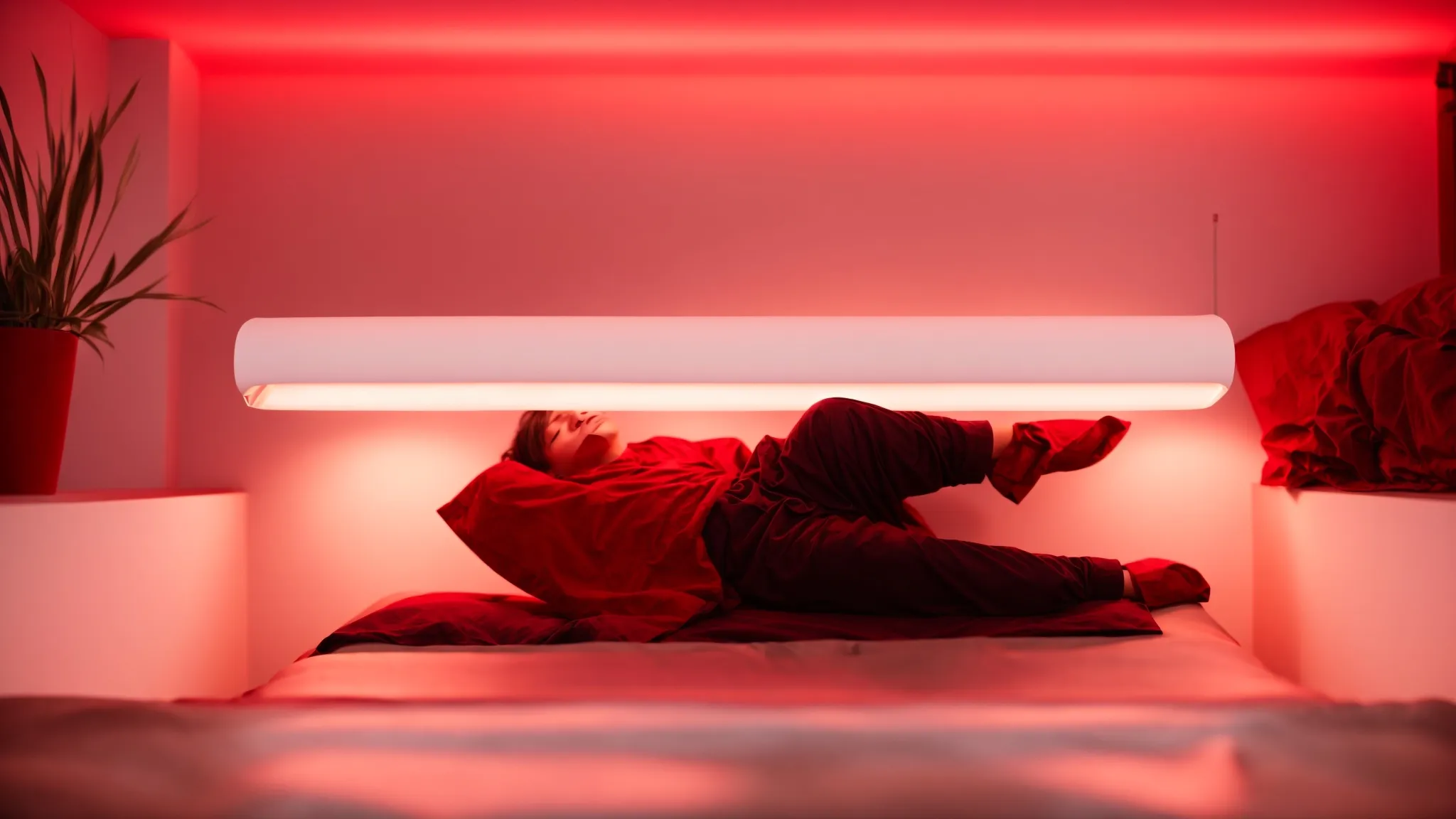 a serene room illuminated by the gentle glow of red light therapy lamps, casting a soothing ambiance over a person lying comfortably.