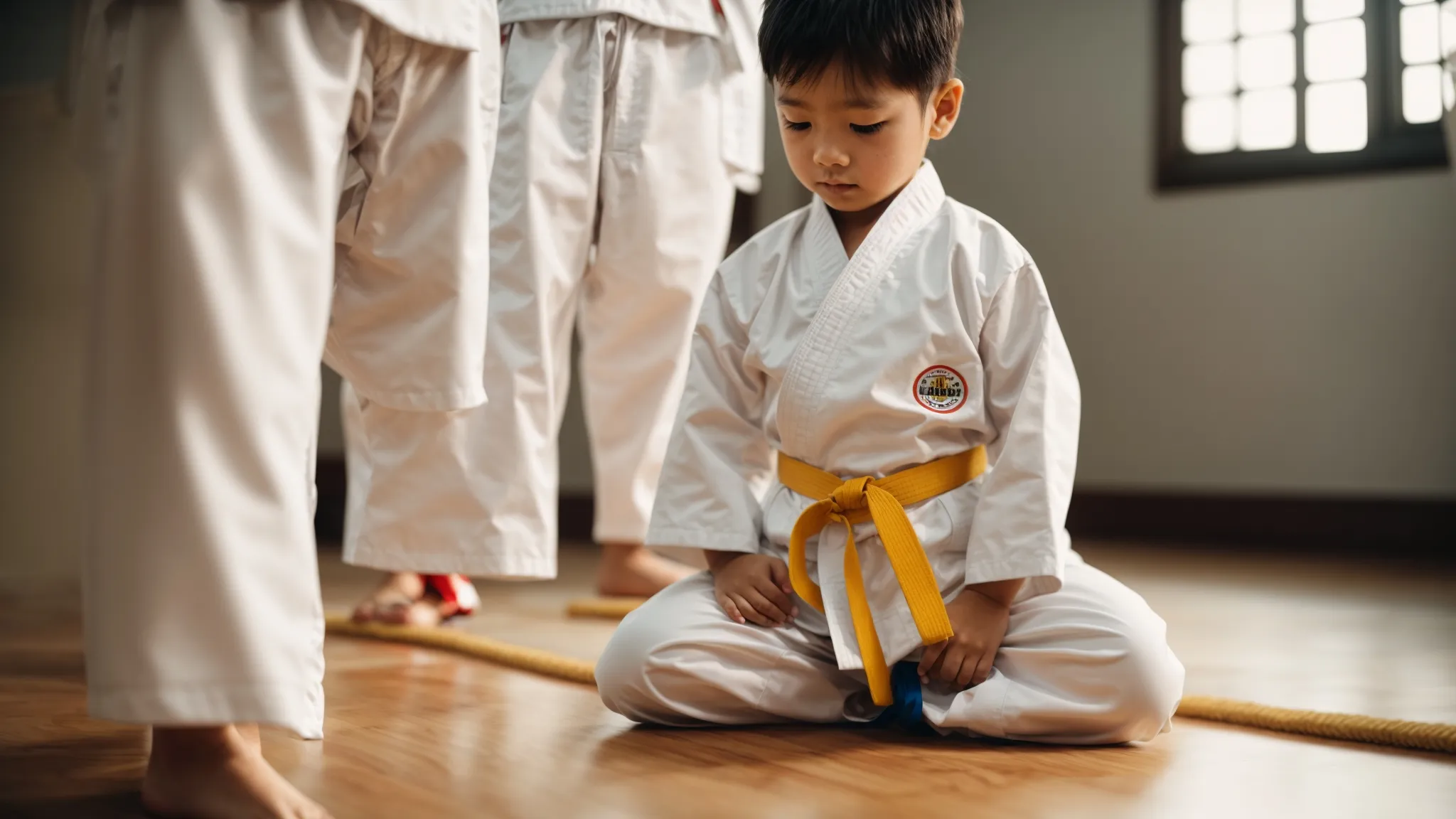 a child in a white karate uniform bowing respectfully in a dojo.