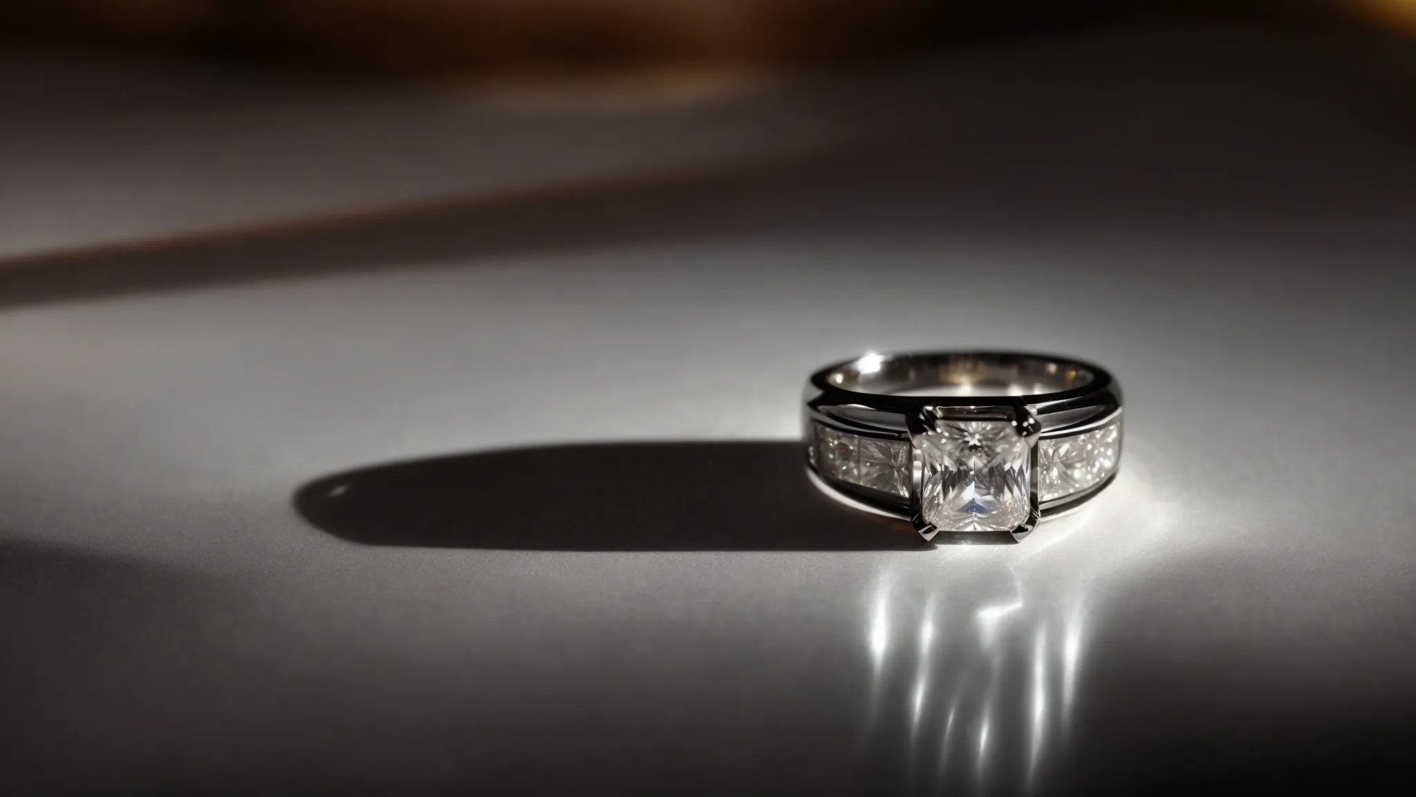 a gleaming platinum ring rests on a velvet surface, unaware of the shadowy figure of a chemical bottle looming in the background.
