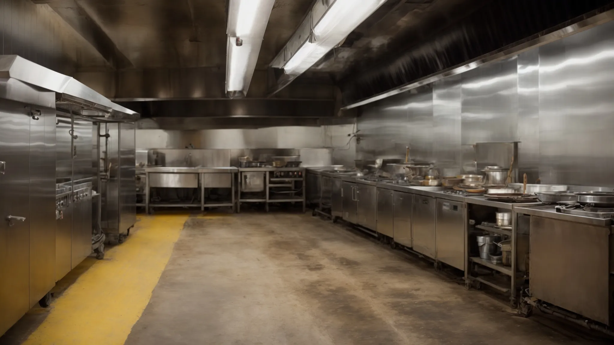 a thick layer of grease coats the interior of a commercial kitchen's exhaust hood, hinting at long-term neglect.