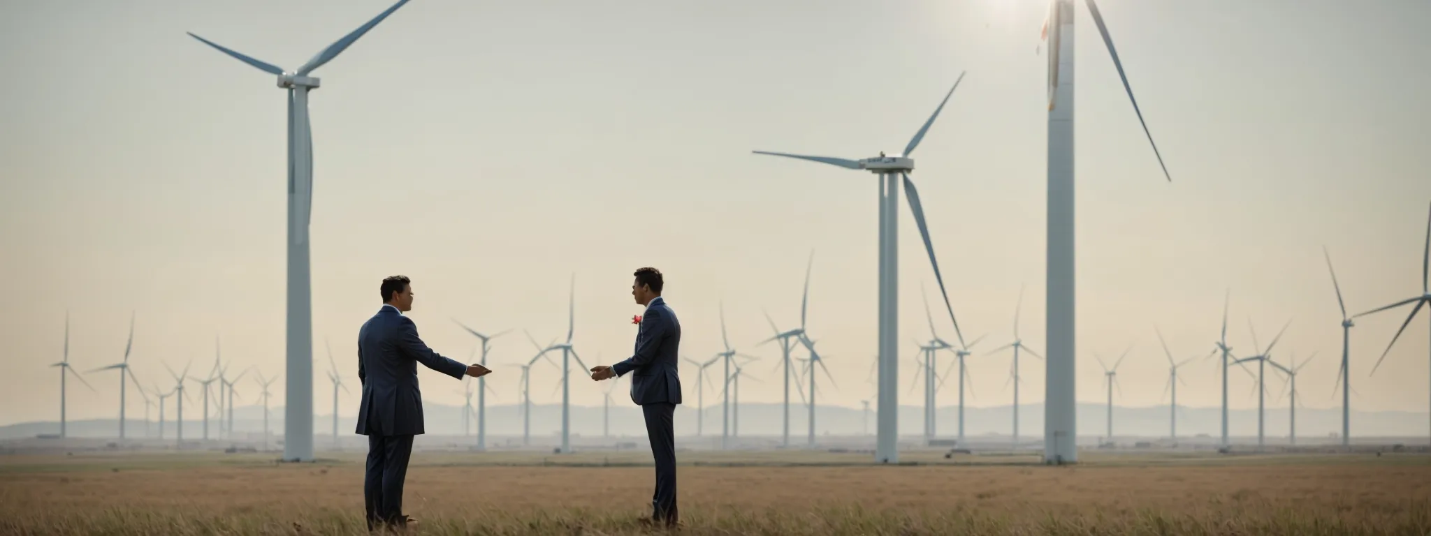 a lawyer and client shaking hands in front of a large wind farm under a clear sky.
