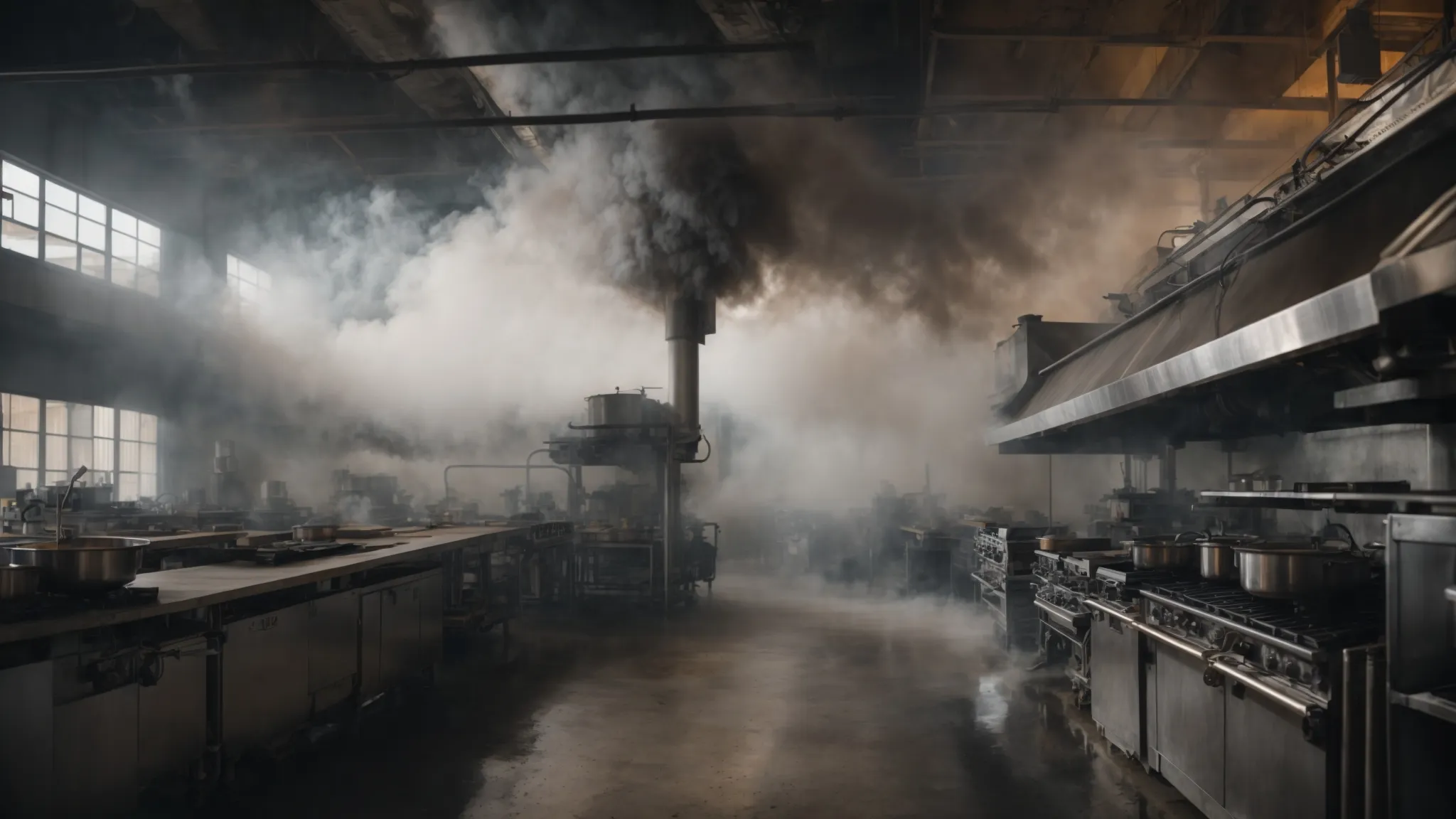 a wide shot of sprawling industrial kitchen facilities overshadowed by thick smoke plumes, awaiting deep cleaning operations.