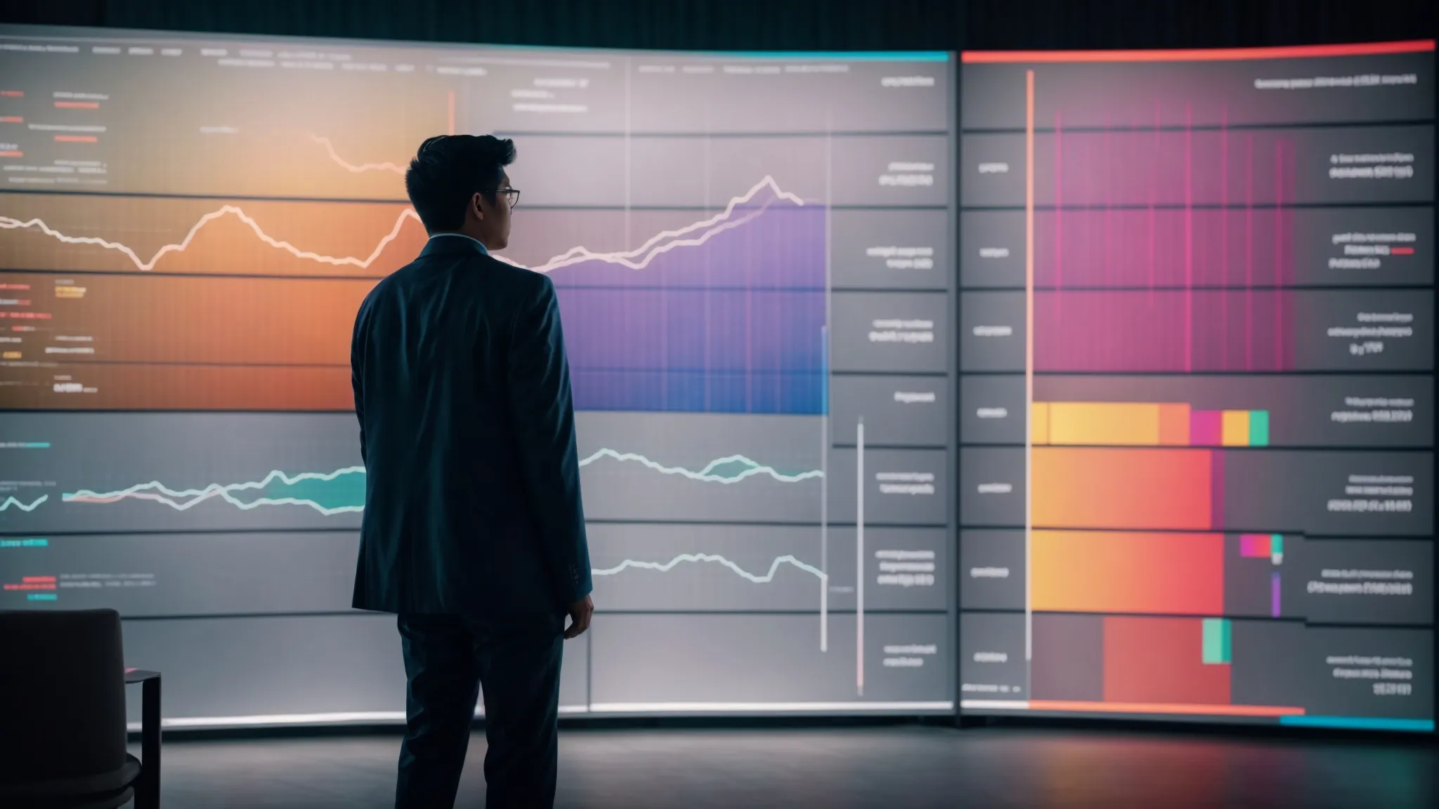 a person stands before a large, interactive screen displaying colorful graphs and data charts, thoughtfully analyzing the information.