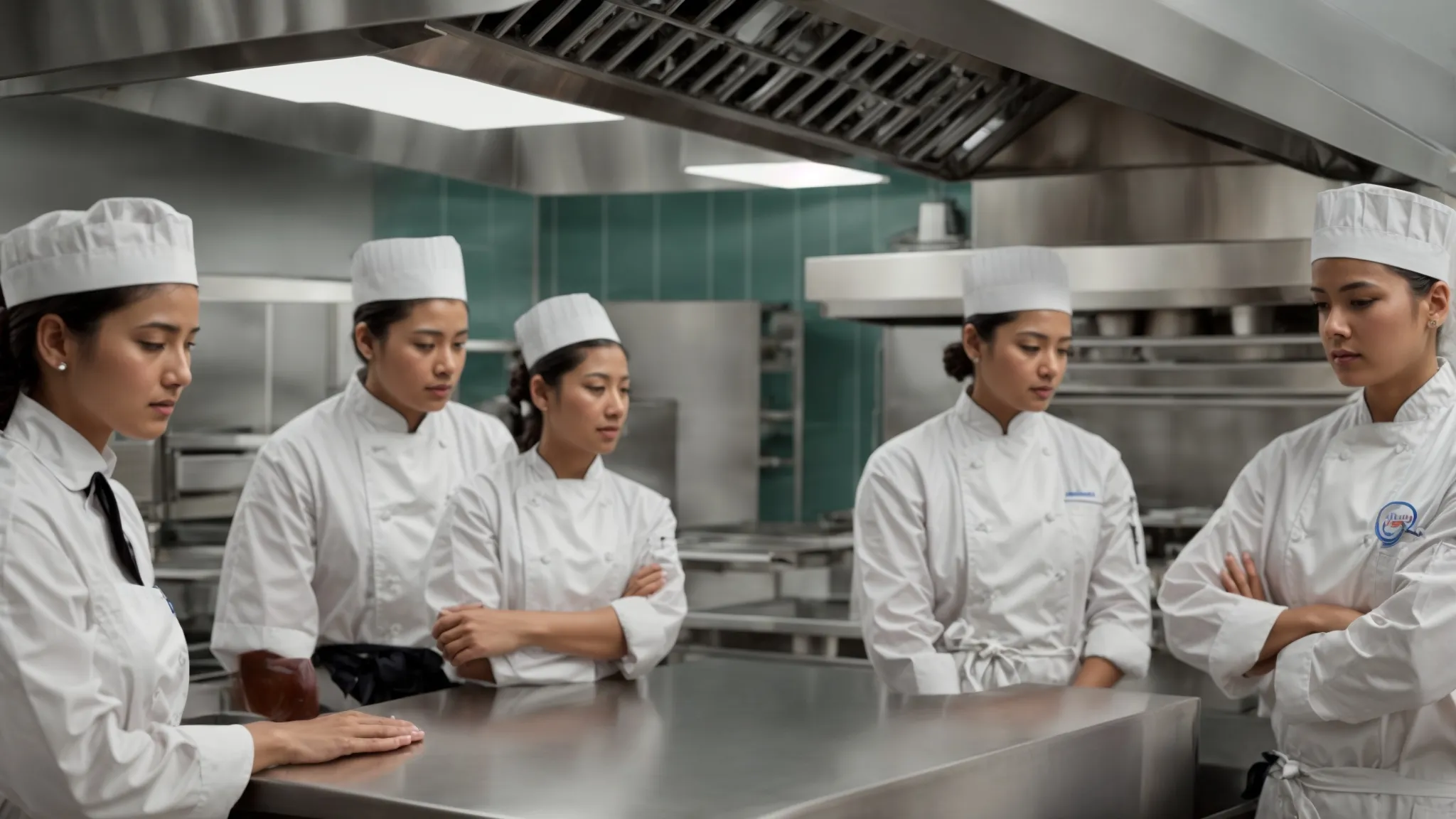a group of kitchen staff attentively listens to a hood cleaning service representative explaining their process in a commercial kitchen.