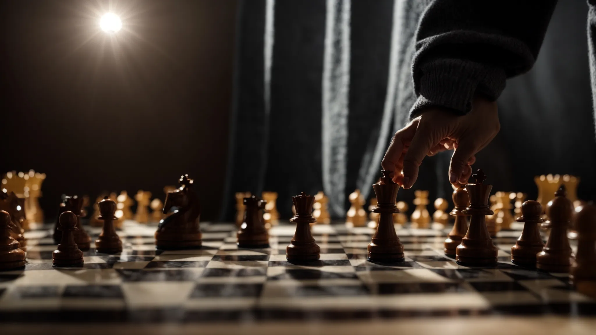 a chessboard under a spotlight, where one figure strategically moves forward toward the opponent's side.