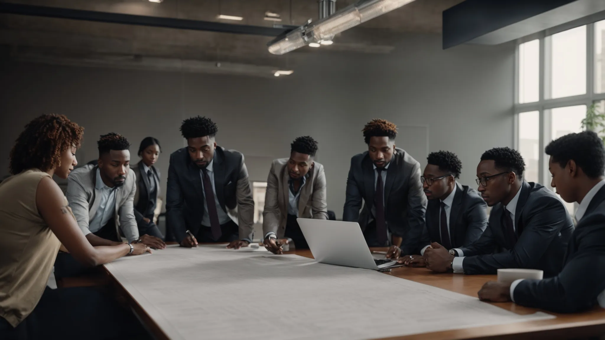 a group of diverse professionals gather around a conference table, collaborating over a large blueprint spread out in front of them.