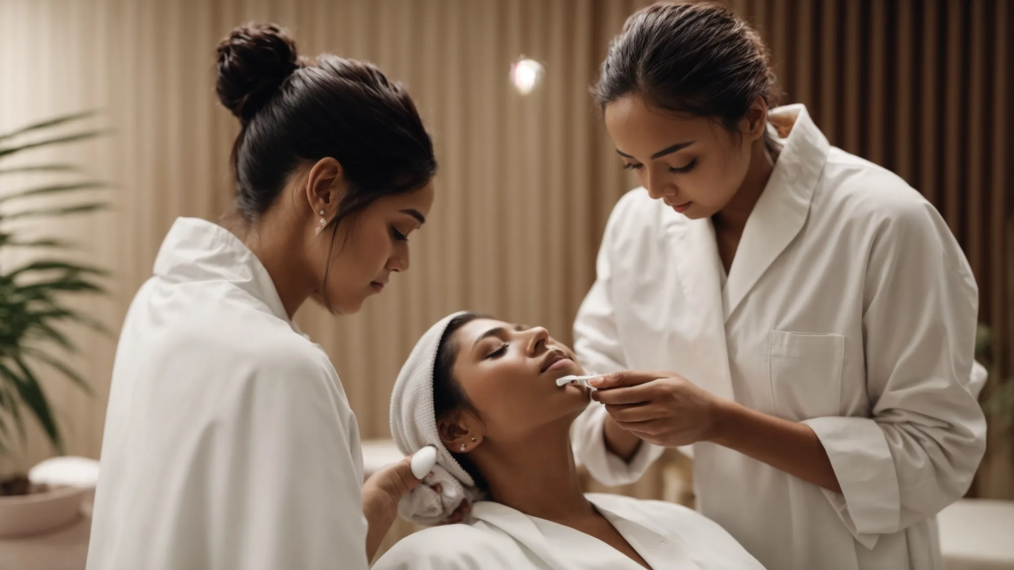 a professional applying a treatment on a person's face in a serene spa setting.