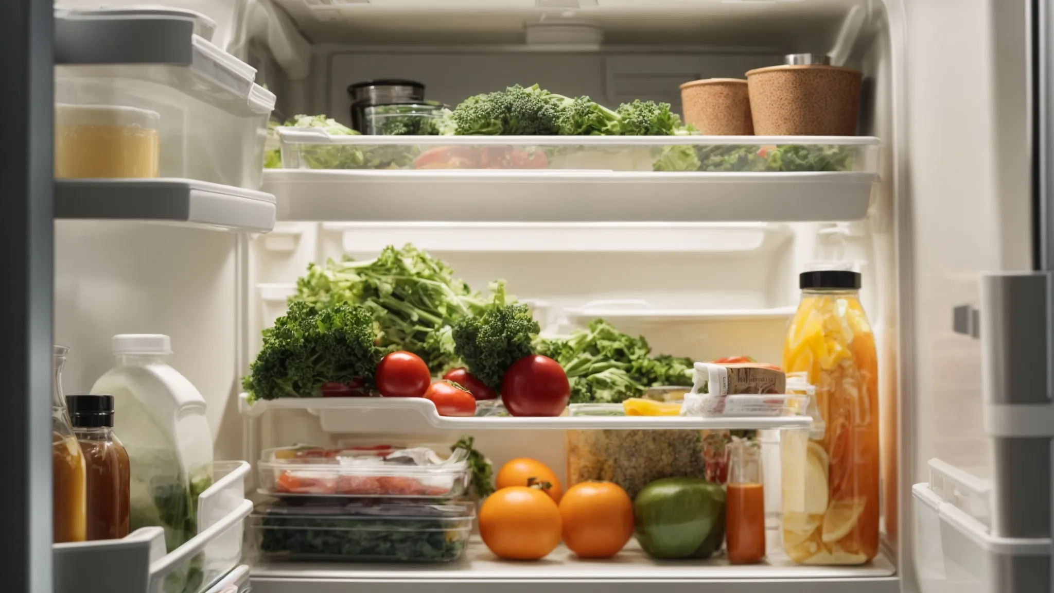 illustrate an open refrigerator being organized, with one person wiping shelves, another replacing old items with fresh produce, and eco-friendly cleaning products displayed on the counter. Bright, clean light fills the scene.