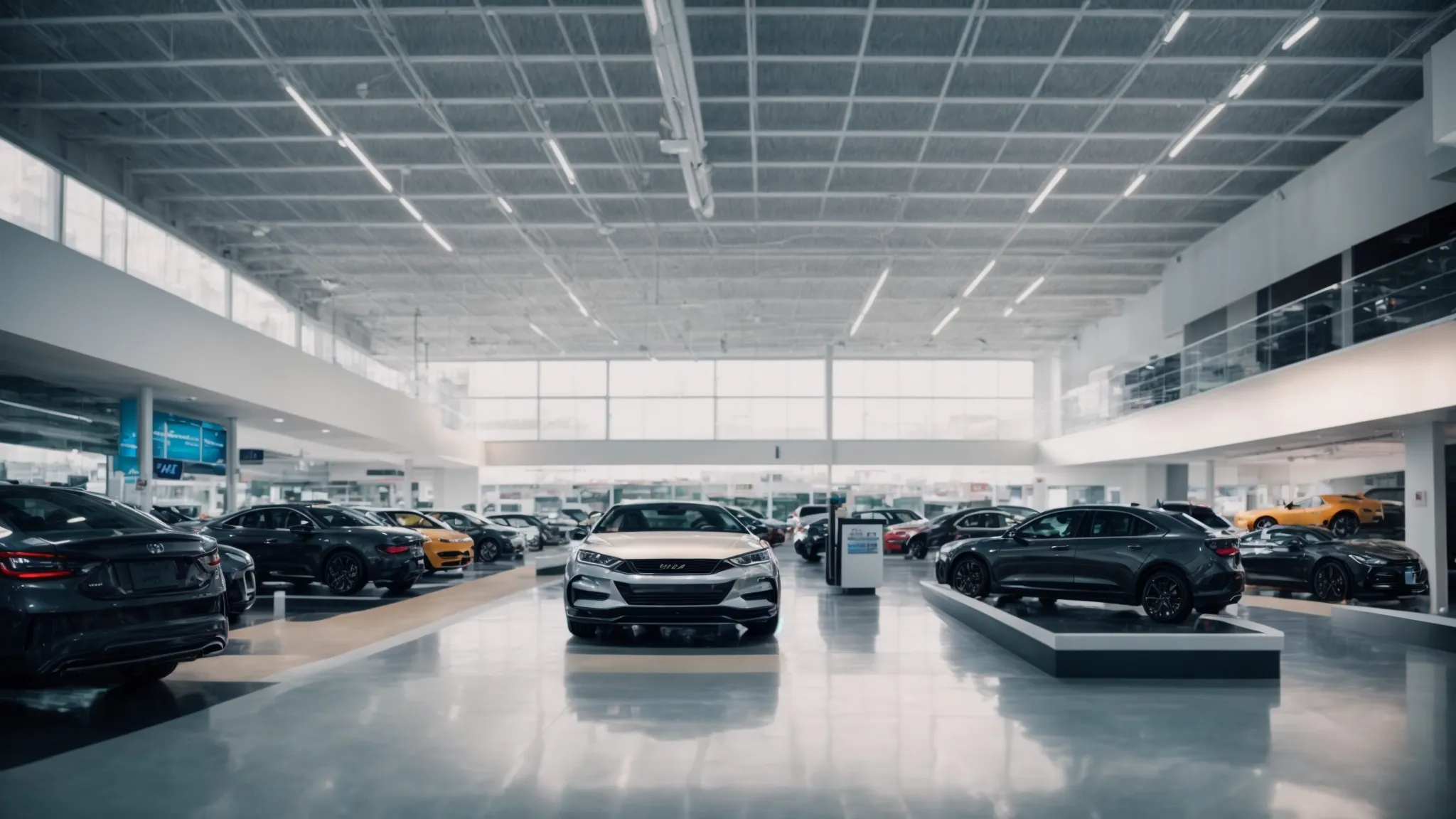 a panoramic view of a bustling car dealership, with vibrant online user interfaces floating above showcasing blogs and listings.