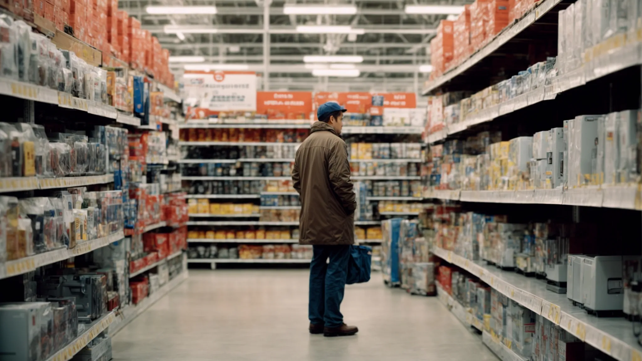 a person contemplating a display of sump pumps and backup power supplies in a hardware store aisle.