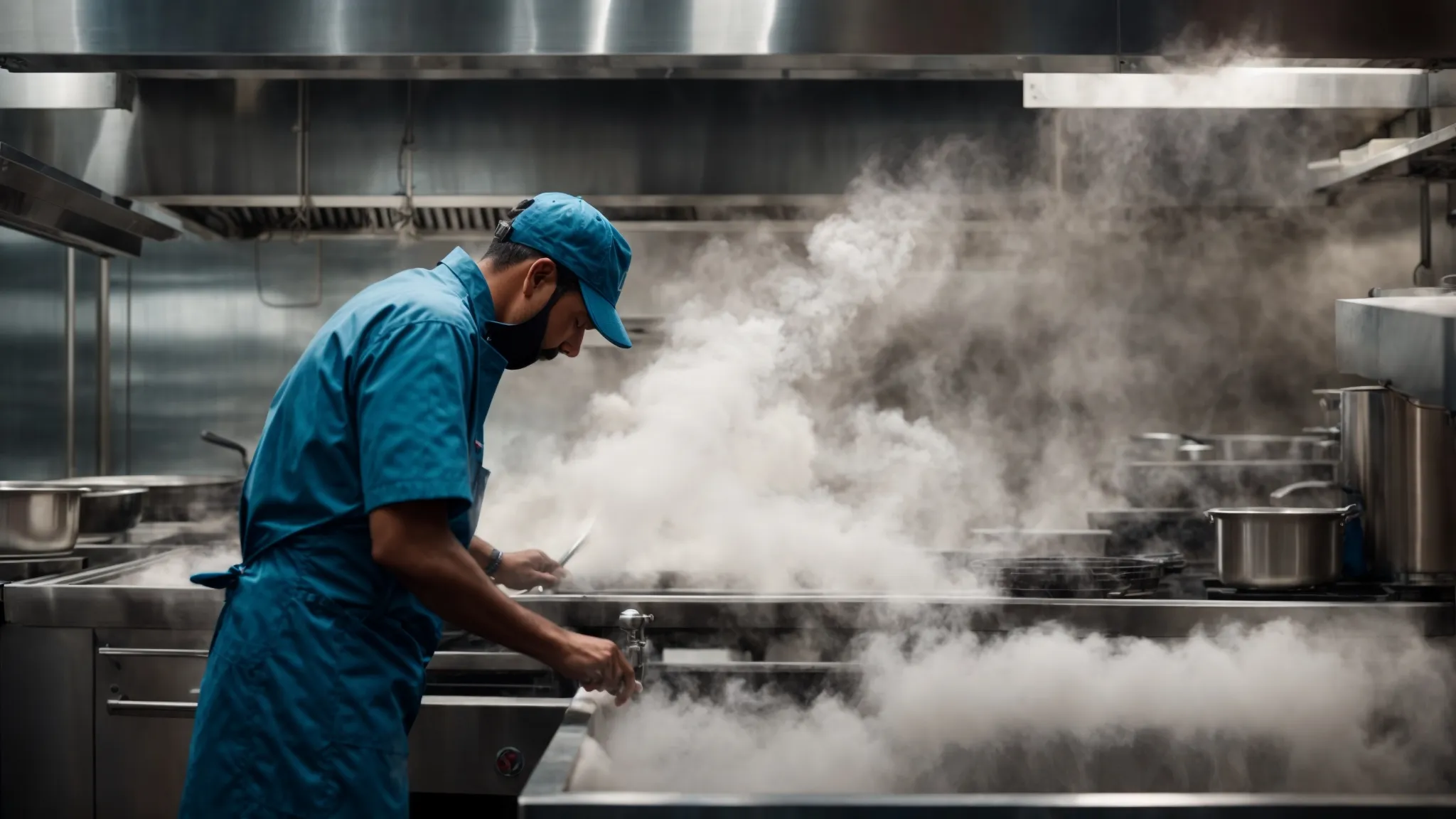 a professional cleaner in a commercial kitchen, steam rising from clean, stainless steel surfaces.