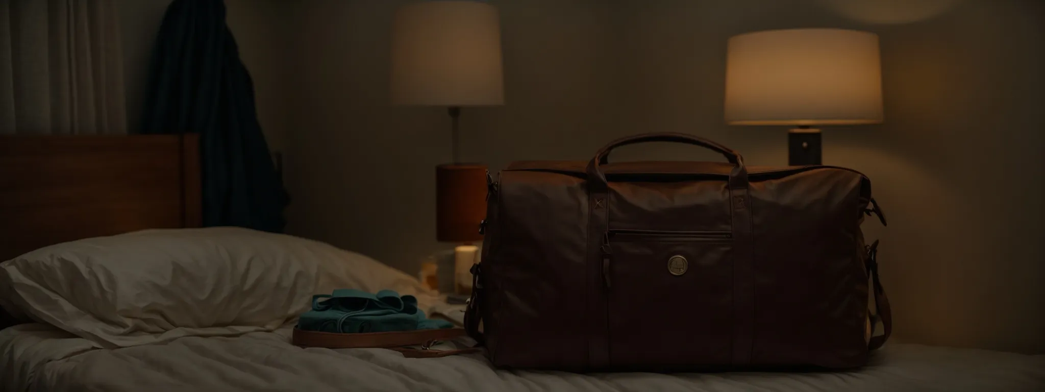 a neatly prepared overnight bag sits next to a soft, comfortable outfit on a bed, under the soft glow of a bedside lamp as evening approaches.