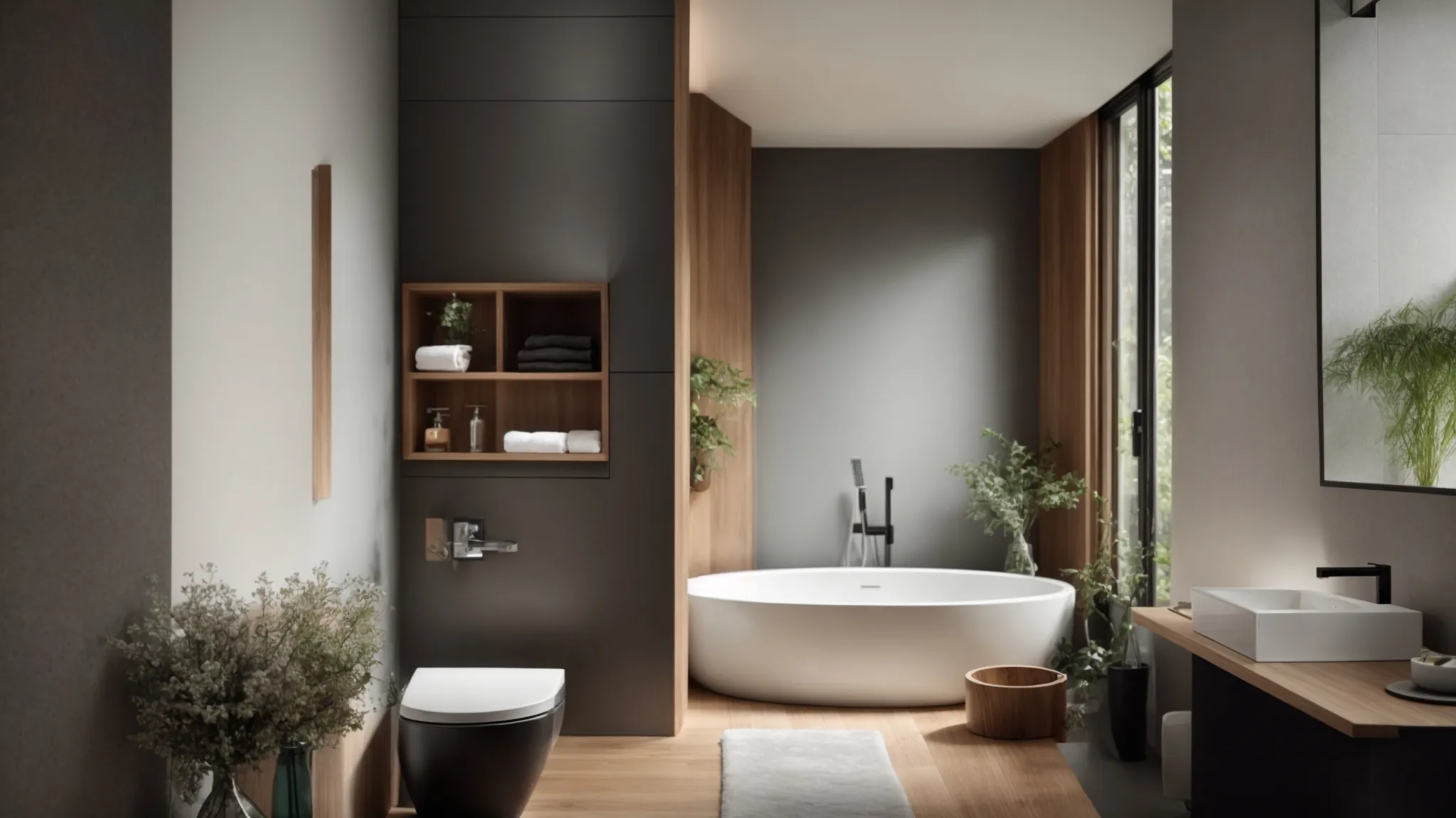 a sleek, modern bathroom showcasing a prominently featured water-efficient toilet amidst environmentally friendly decor.