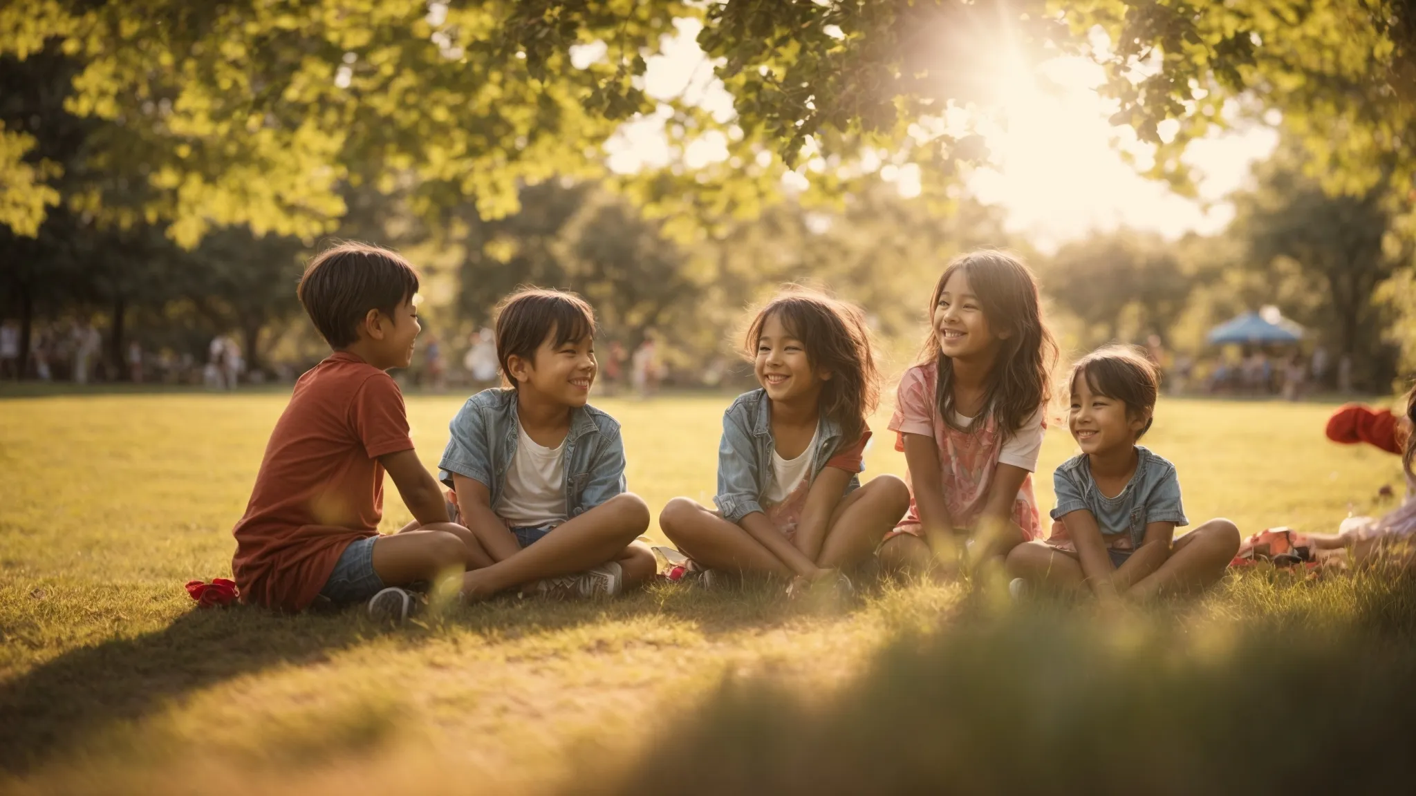 a group of cheerful children playing together in a sunlit park while a smiling adult watches over them.