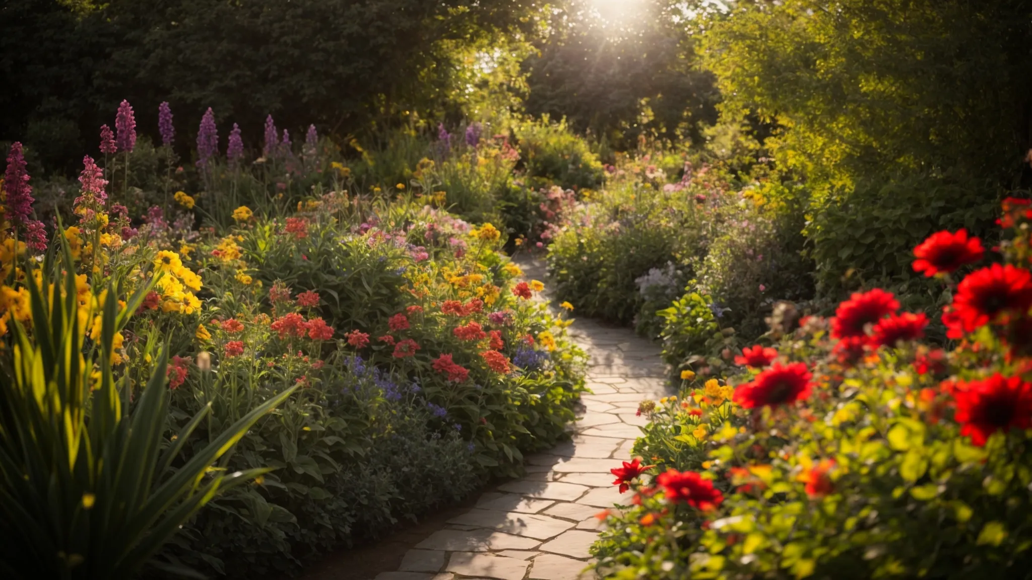 a vibrant garden scene with a visible path leading through various sections of flourishing plants and flowers under a bright sun.